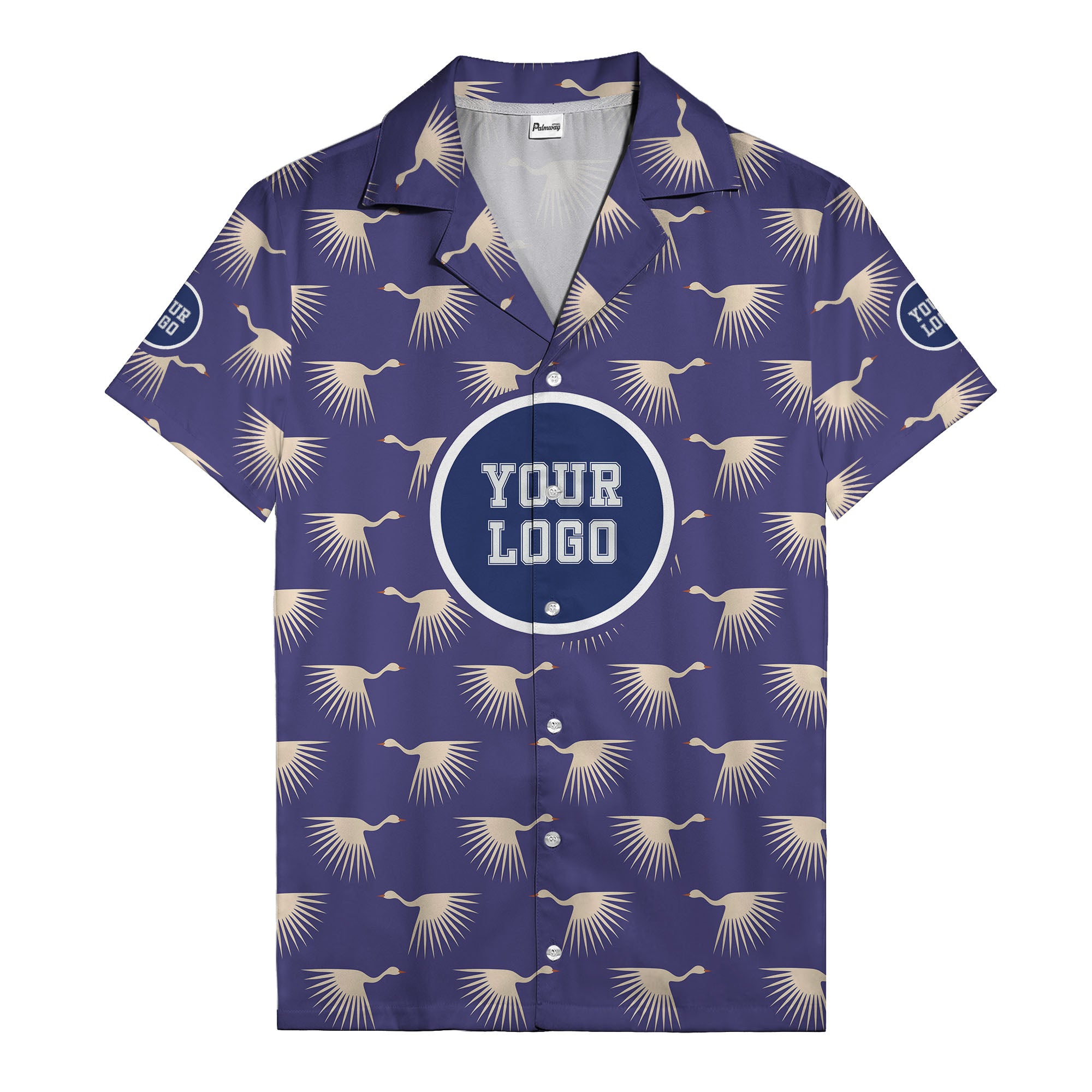 art deco crane silhouette logo beige navy hawaiian shirt