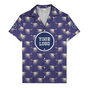 art deco crane silhouette logo beige navy hawaiian shirt