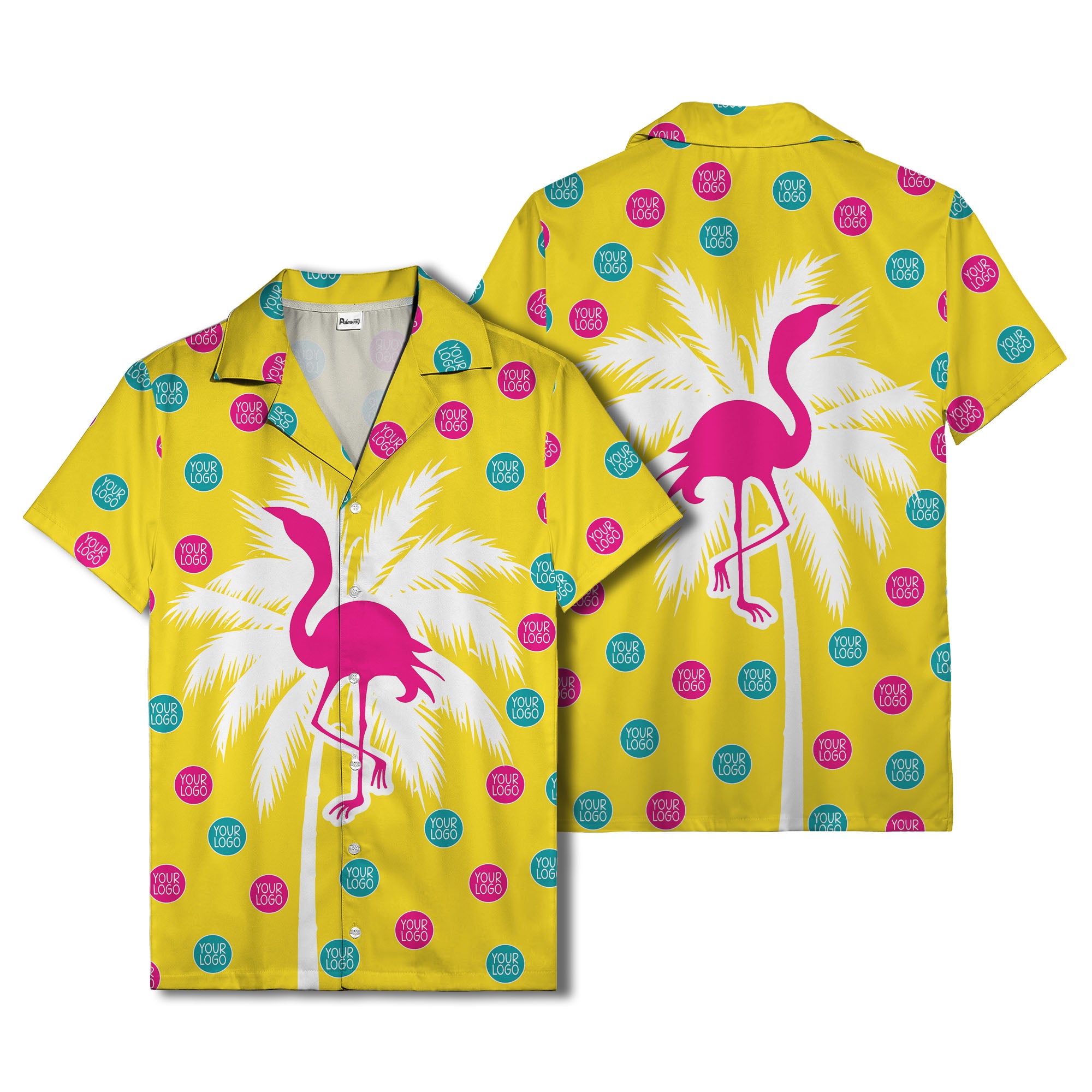 bright yellow flamingo on palm tree hawaiian shirt with custom logos