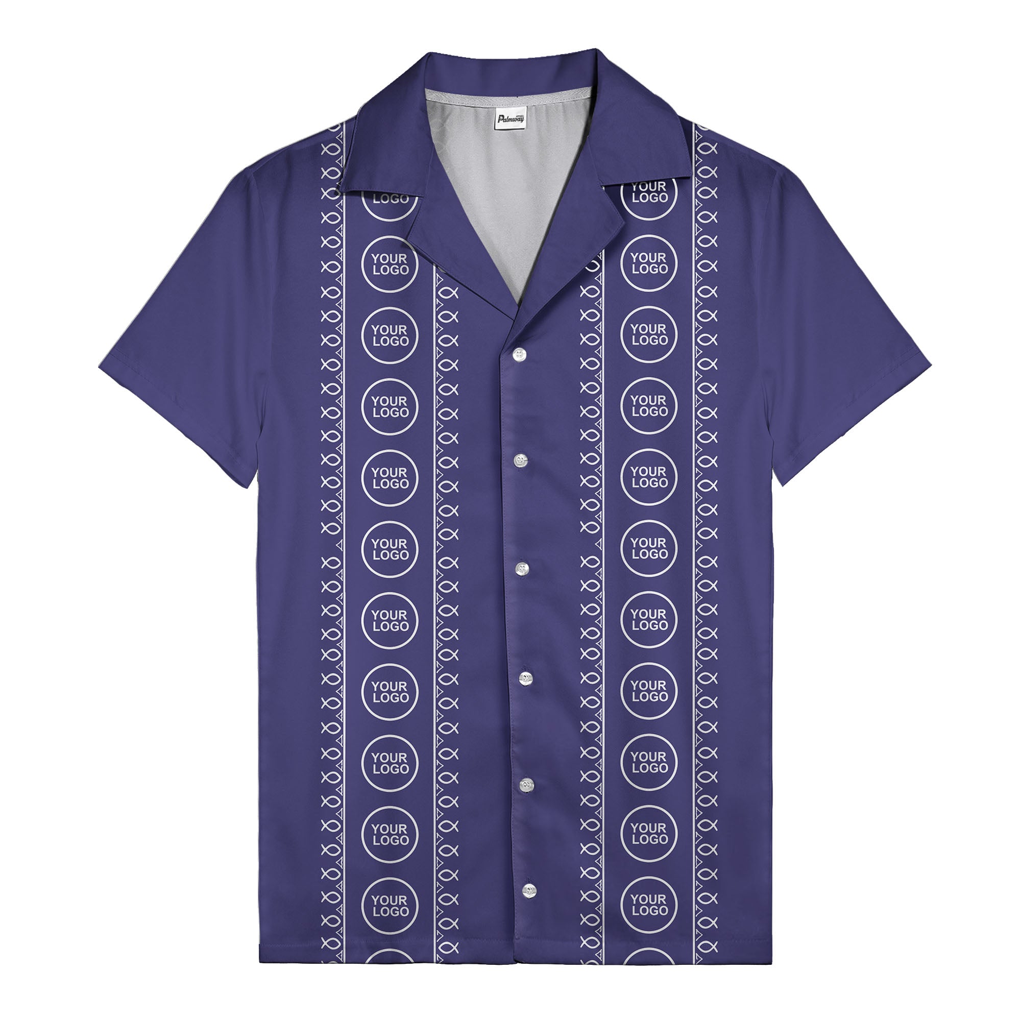 circular logo & fish symbols black hawaiian shirt for men