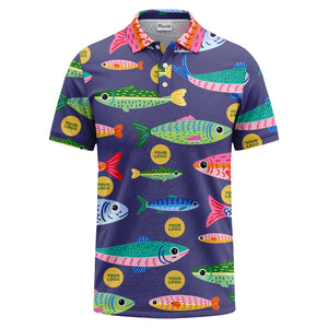 colorful cartoon fish & custom logo repeat all-over print polo shirt