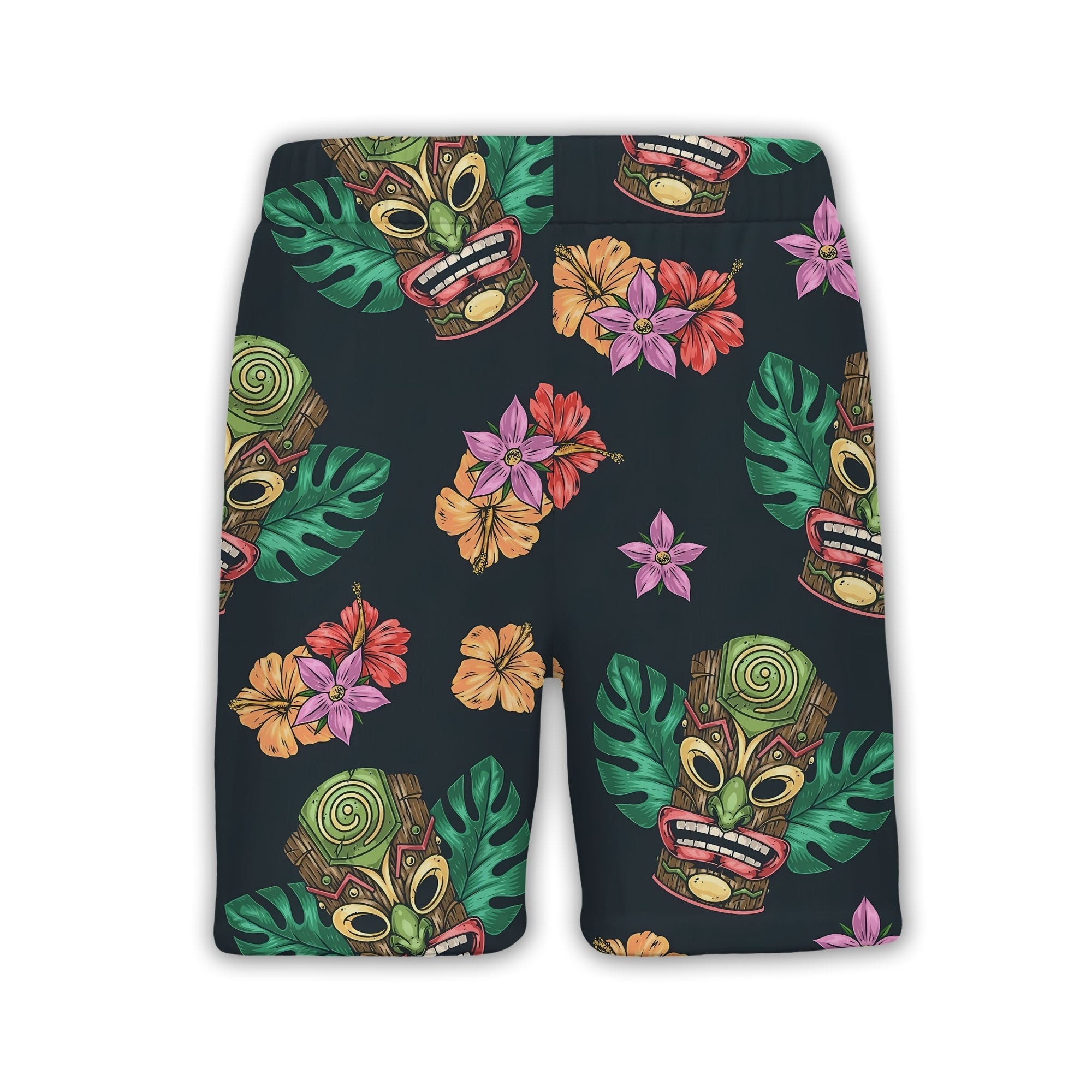 Colorful Tiki Mask Hawaiian Shirt with Hibiscus on Charcoal Grey