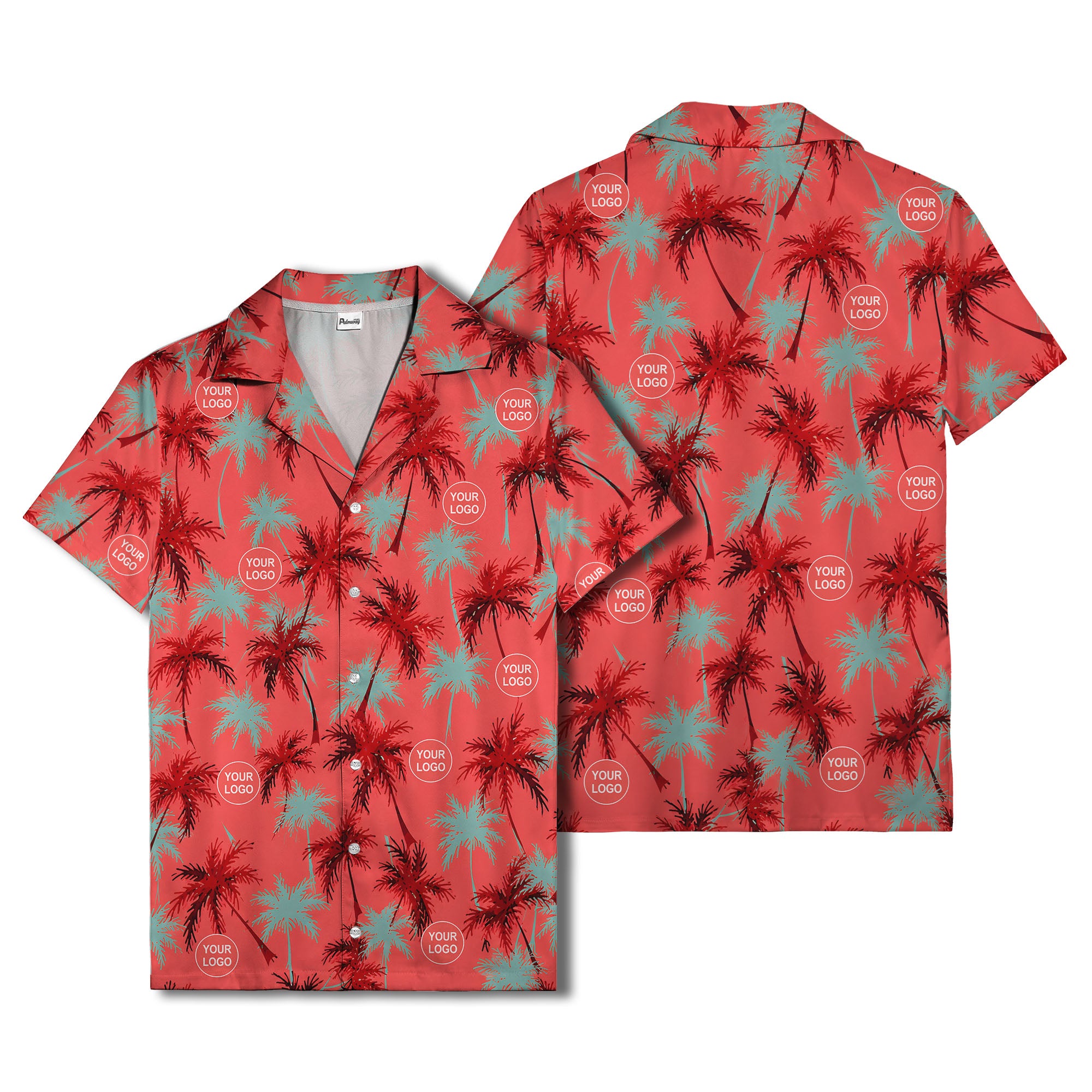 coral red watercolor palm trees & custom logos hawaiian shirt