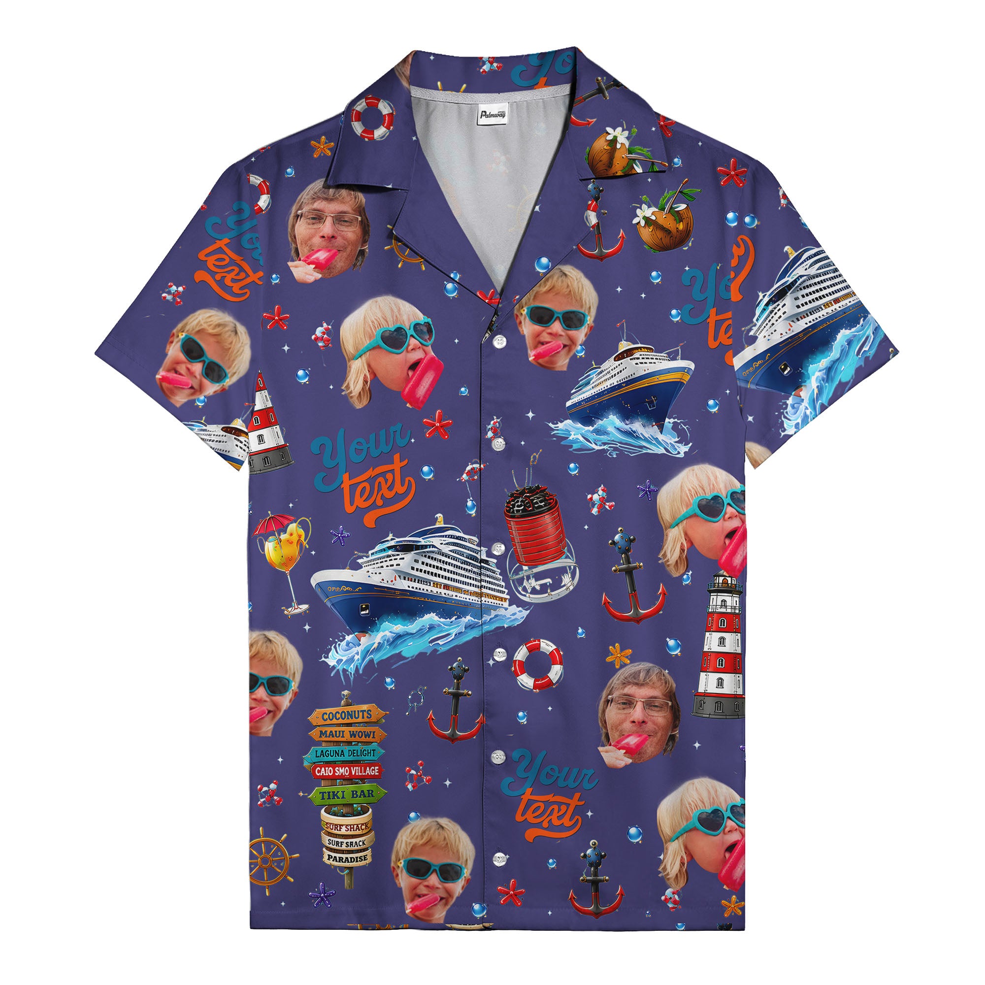cruise ship faces & cocktail signs cartoon hawaiian shirt
