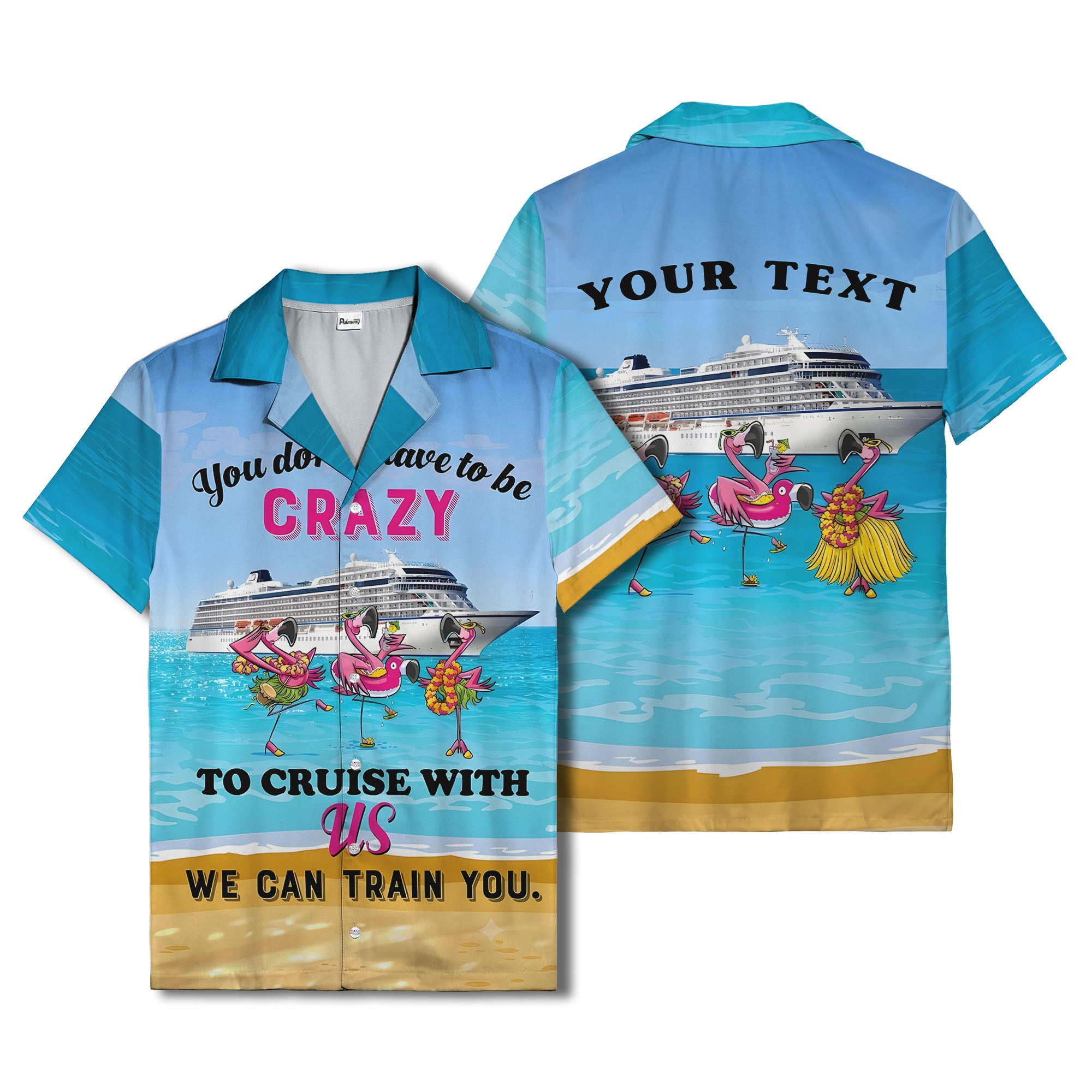 cruise ship & flamingo beach scene cartoon hawaiian shirt