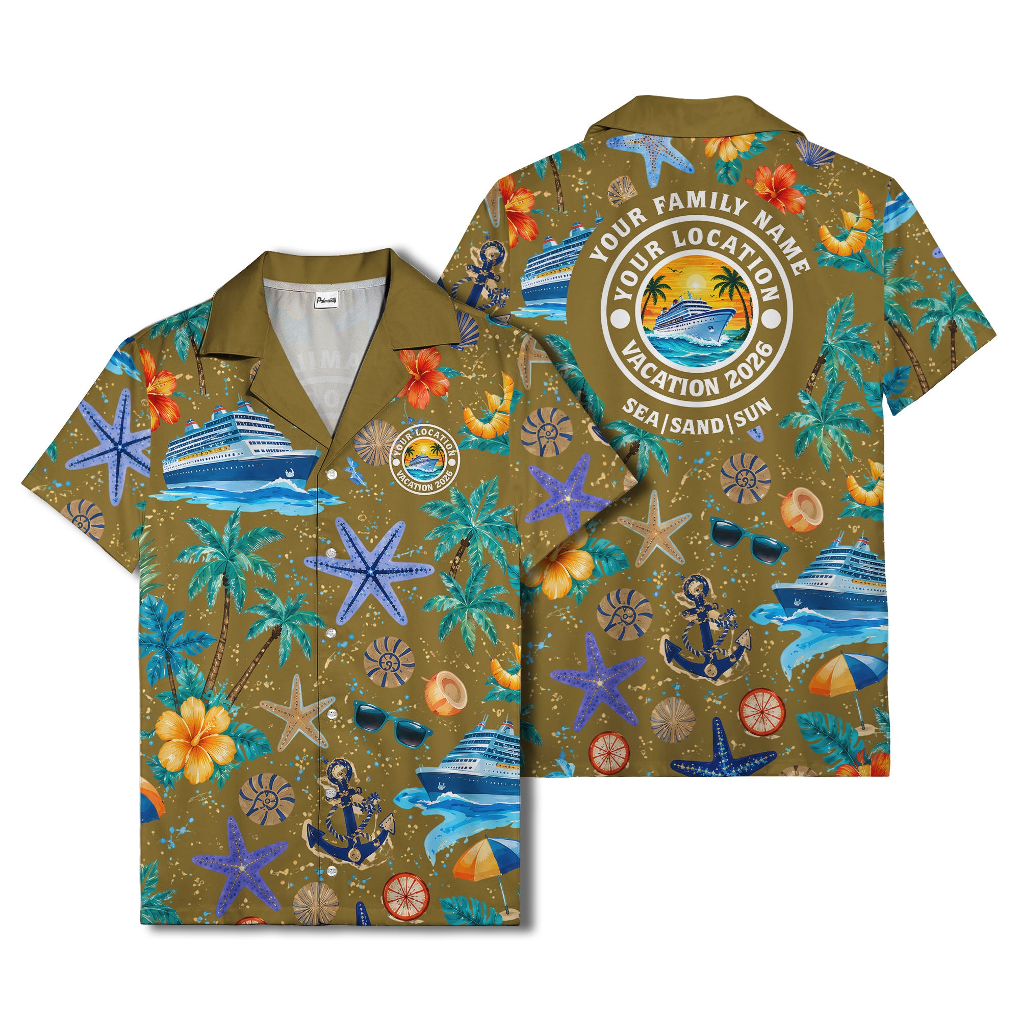 cruise ship palm trees starfish watercolor hawaiian shirt
