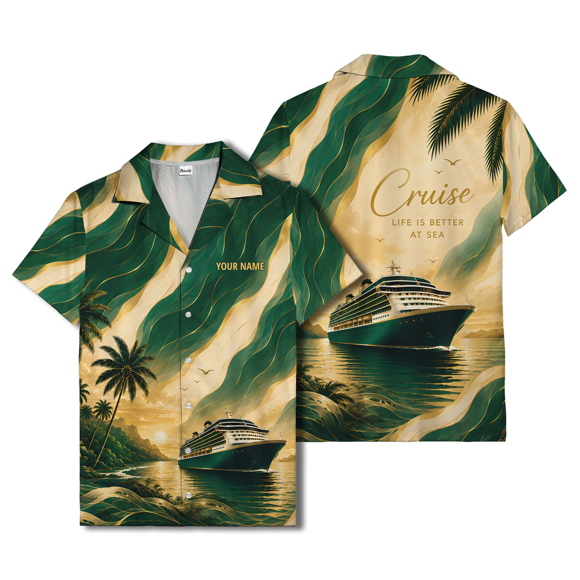 cruise ship sailing into golden sunset palm trees hawaiian shirt