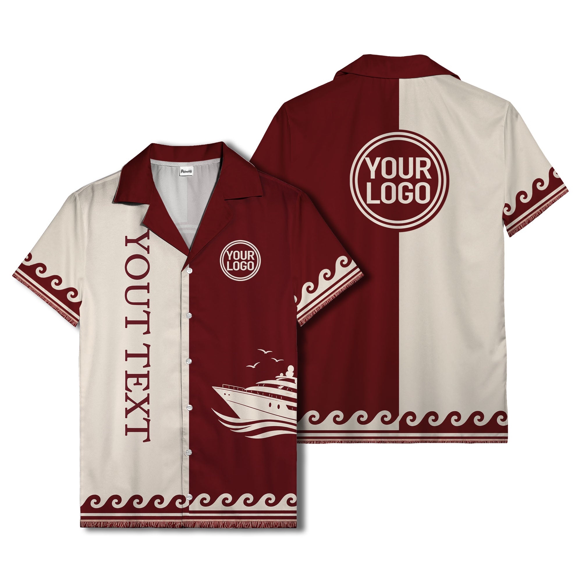 cruise ship & soaring seagulls on maroon ocean waves hawaiian shirt