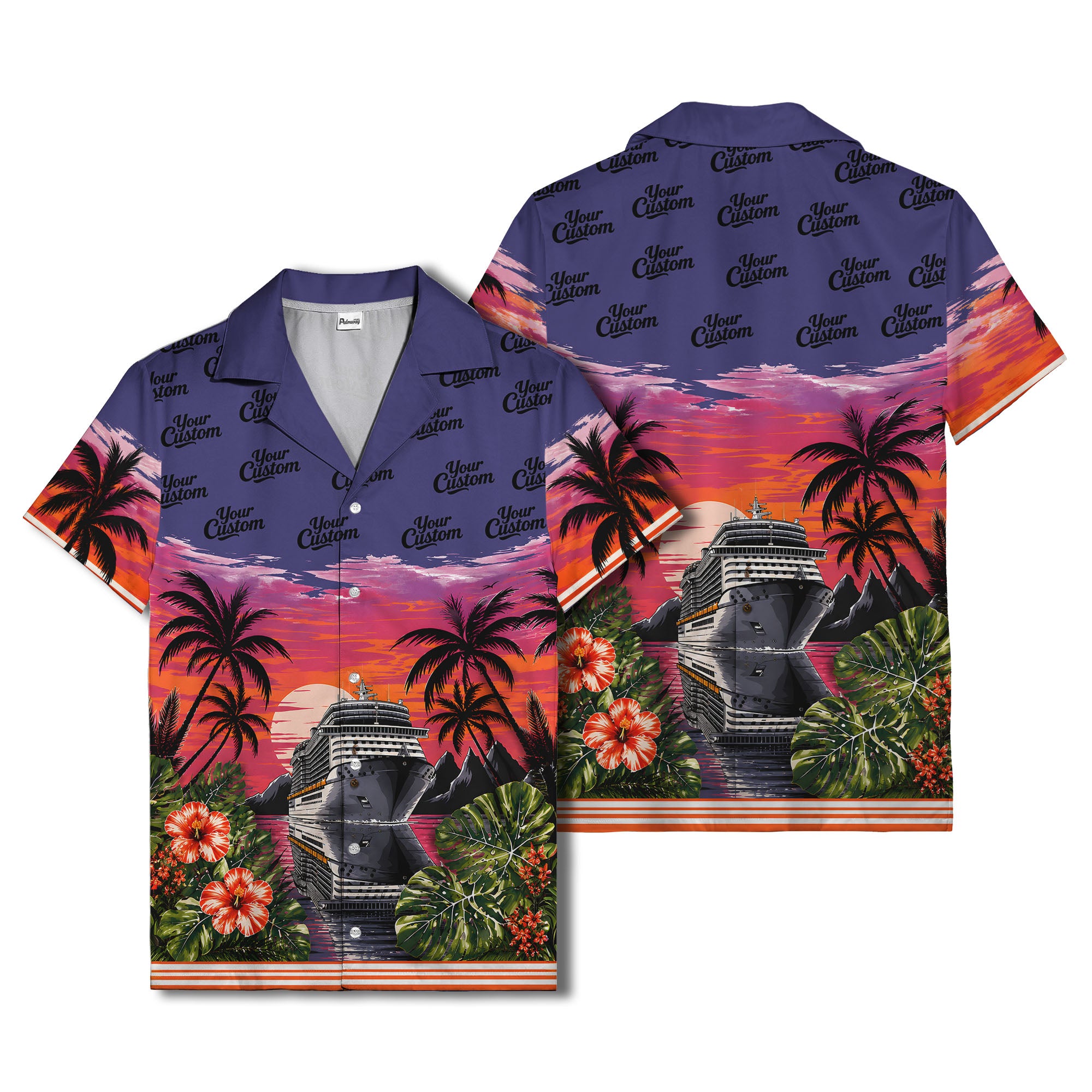 cruise ship sunset palm trees hibiscus flowers hawaiian shirt for men