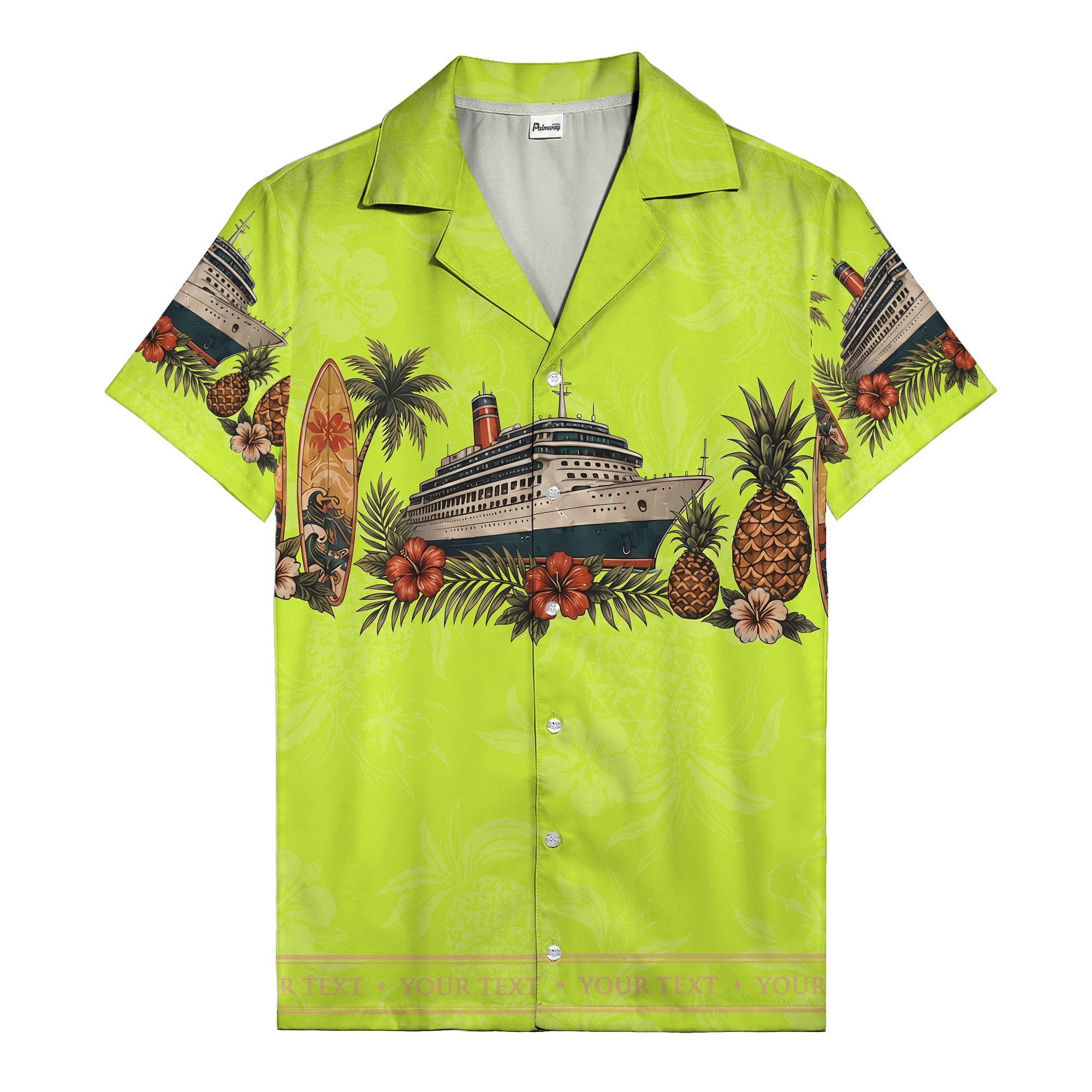 cruise ship surfboard pineapple palm hibiscus hawaiian shirt