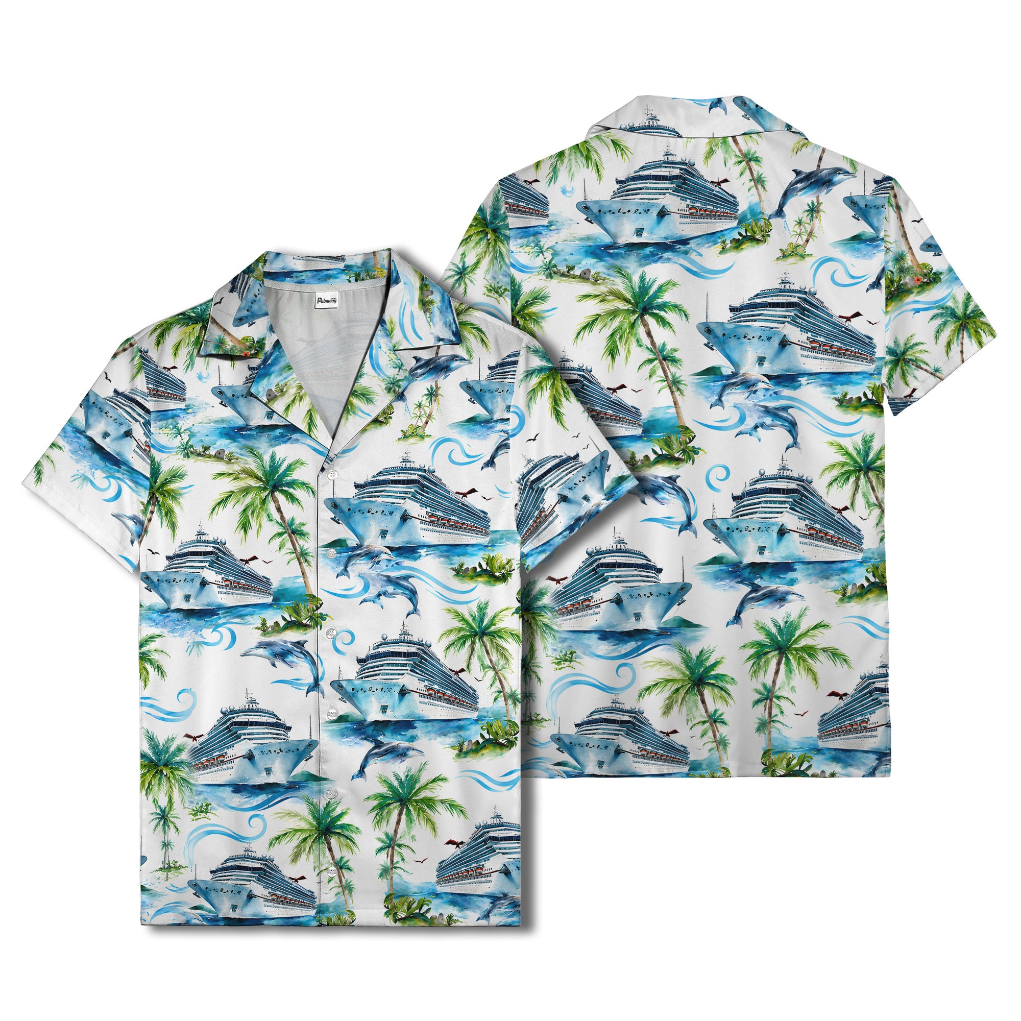 cruise ships dolphins & palm tree watercolor hawaiian shirt