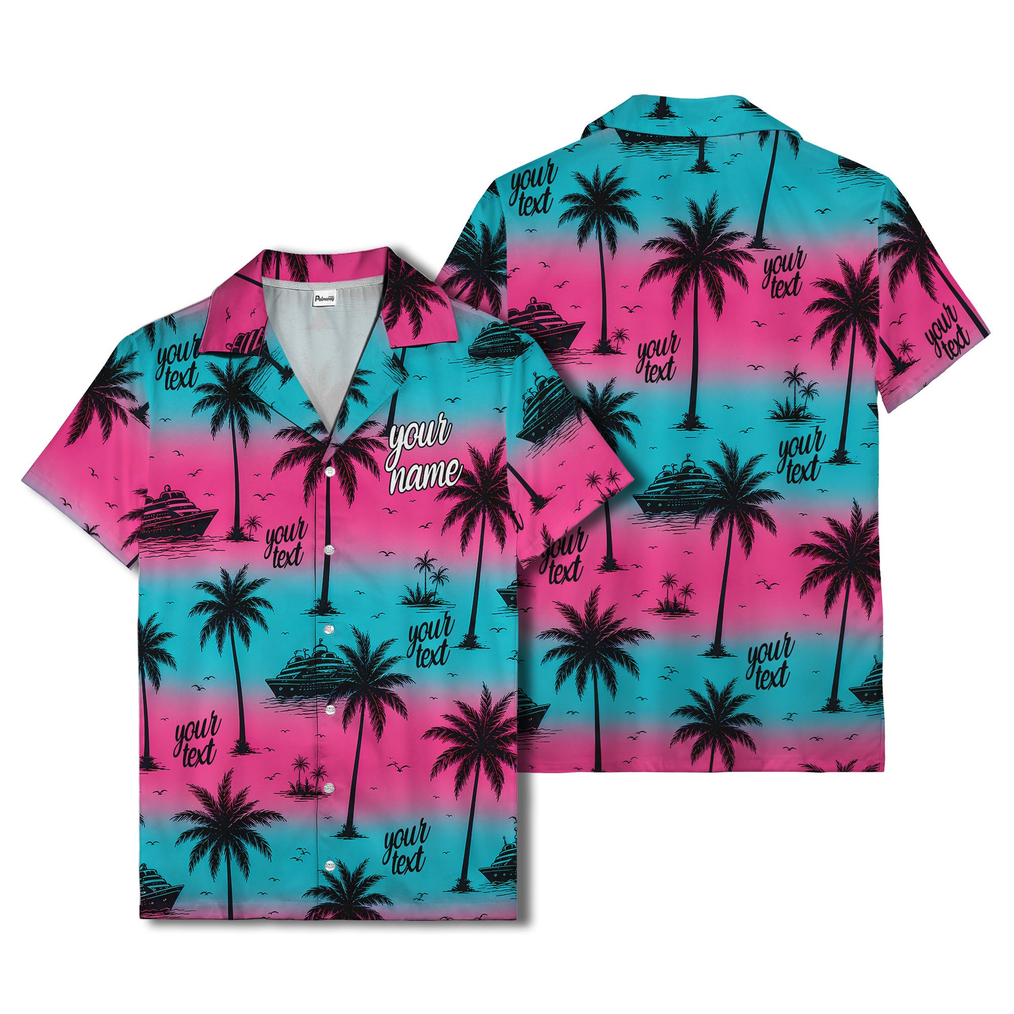 cruise ships & palm trees sunset coral pink hawaiian shirt