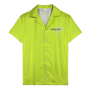 custom logo typography on solid black minimalist modern hawaiian shirt
