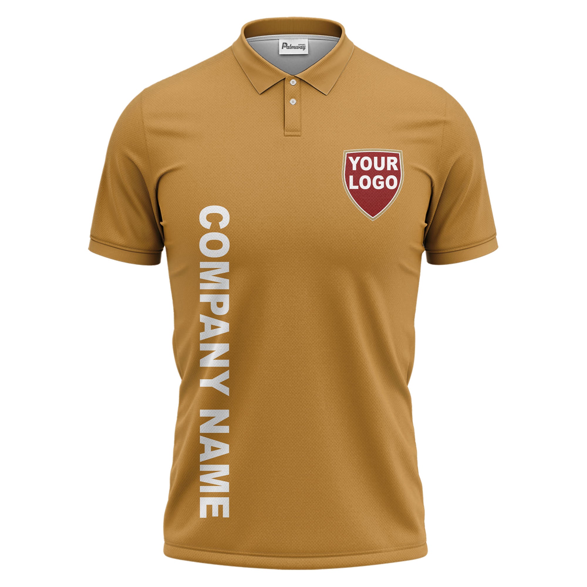 custom shield logo vertical text corporate branded polo shirt