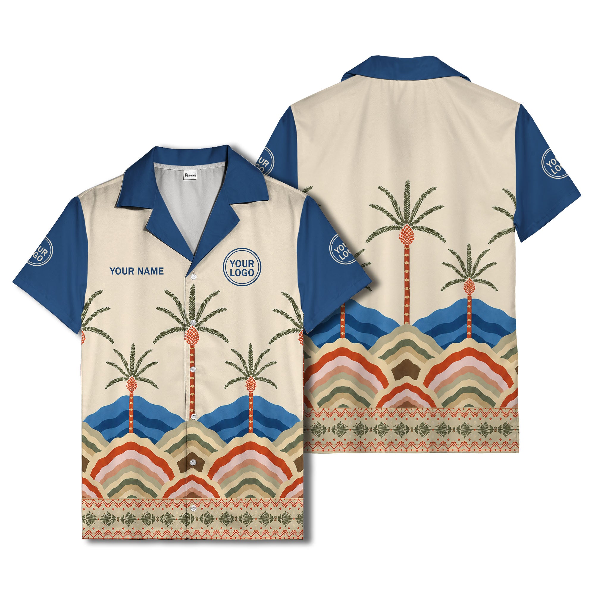 desert oasis palm trees sunset hills illustrated hawaiian shirt
