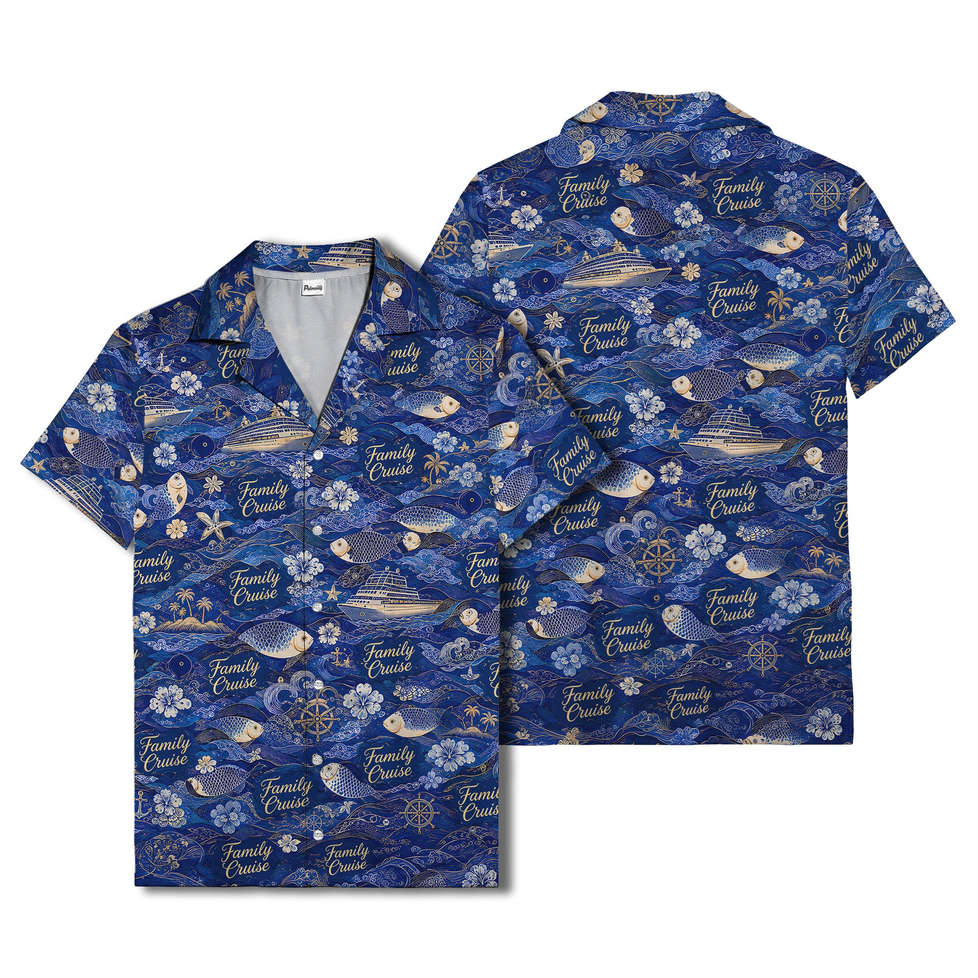family cruise ships & leaping fish ocean waves hawaiian shirt