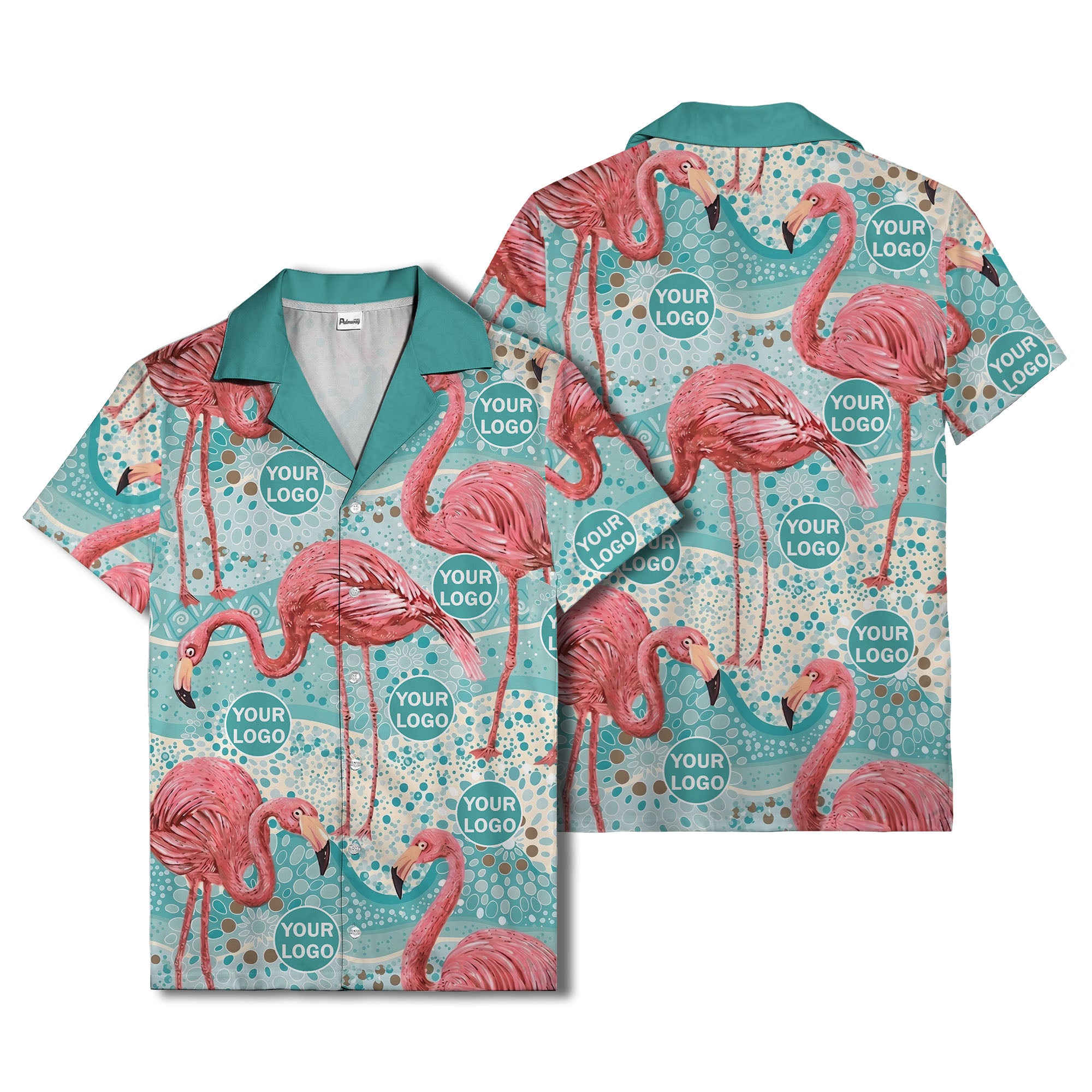 flamingo watercolor paradise pink birds teal circles hawaiian shirt