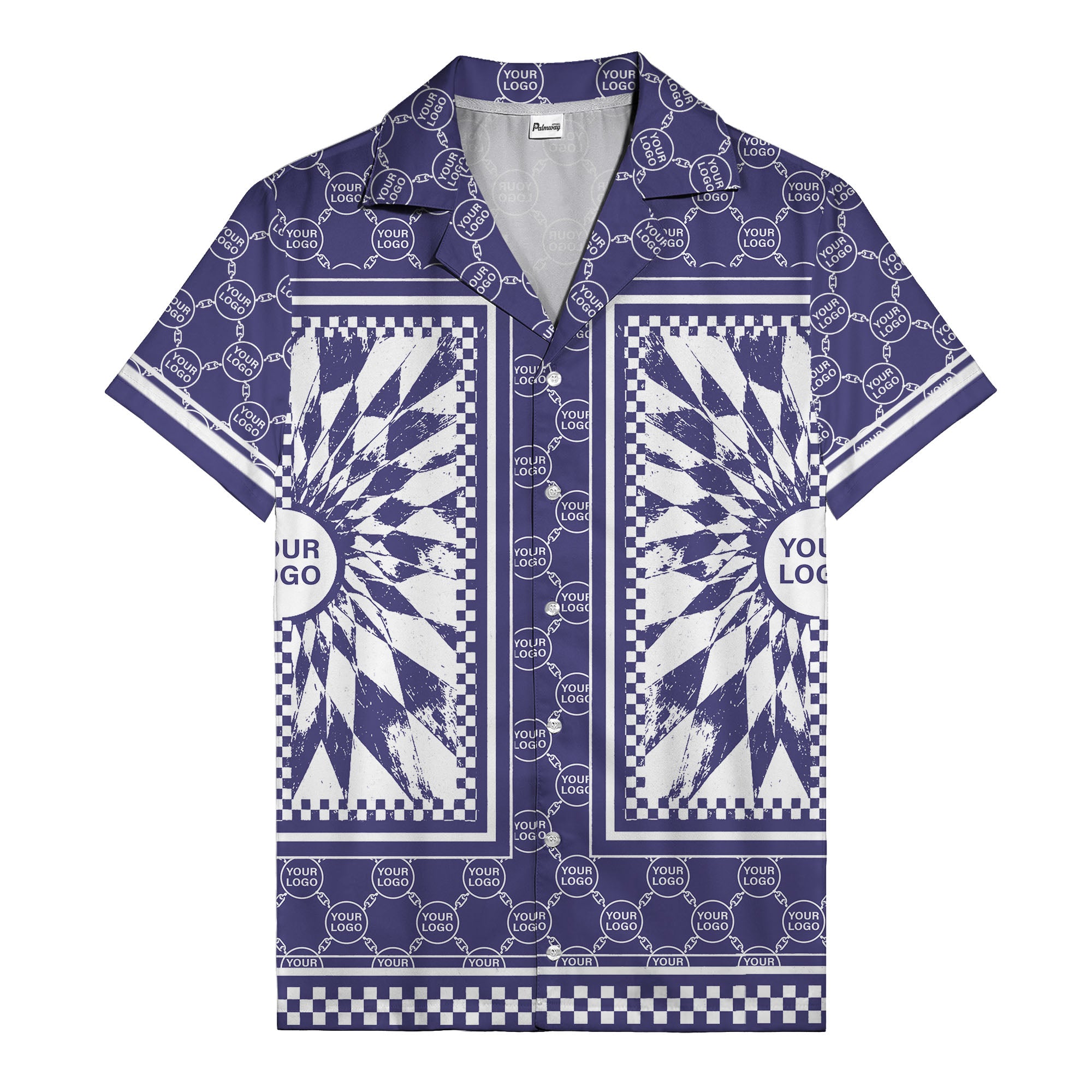 geometric palm leaves checkerboard border hawaiian shirt for men