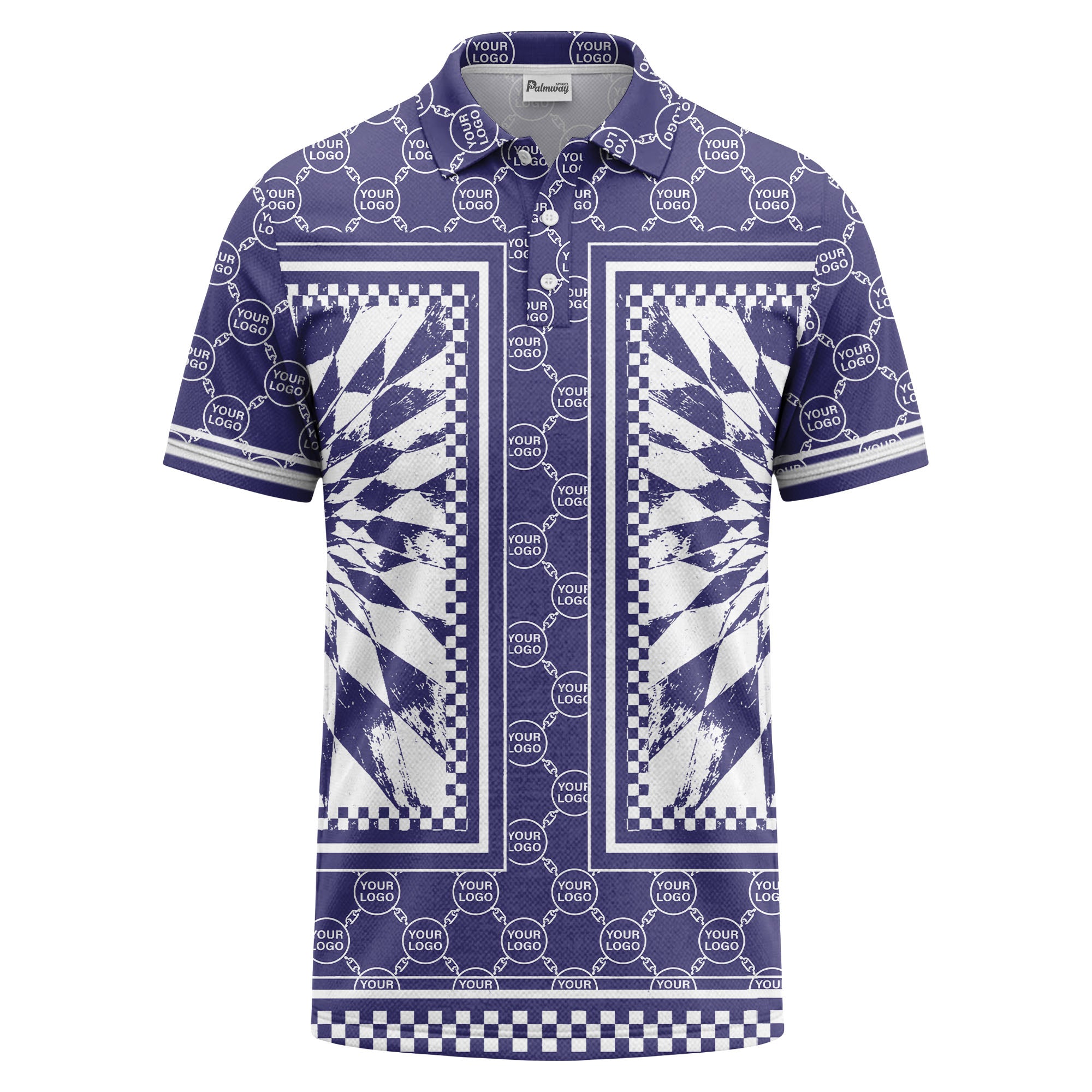 geometric palm leaves checkerboard border polo shirt