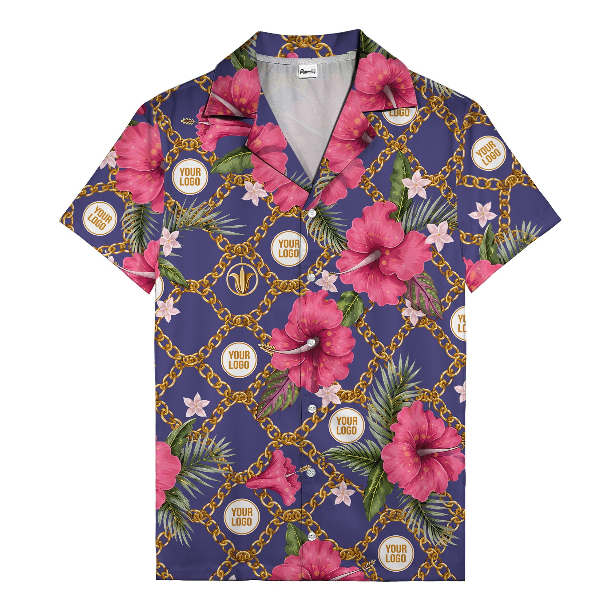 gold chain & pink hibiscus watercolor hawaiian shirt for men