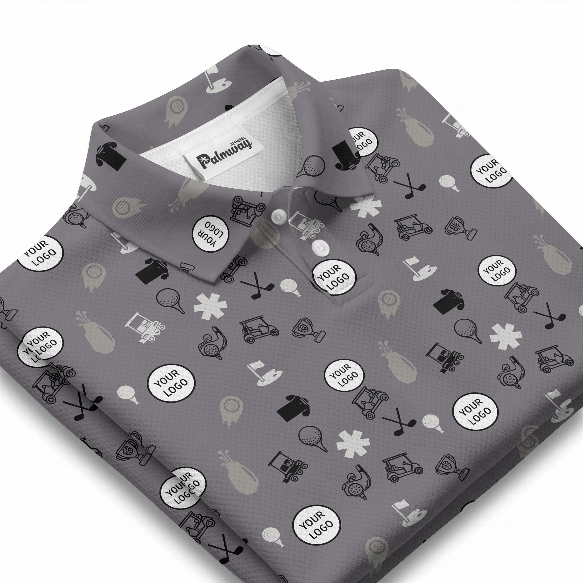 Gray Golf Course Sketch Polo Shirt With Repeating Balls Clubs Carts Trophies