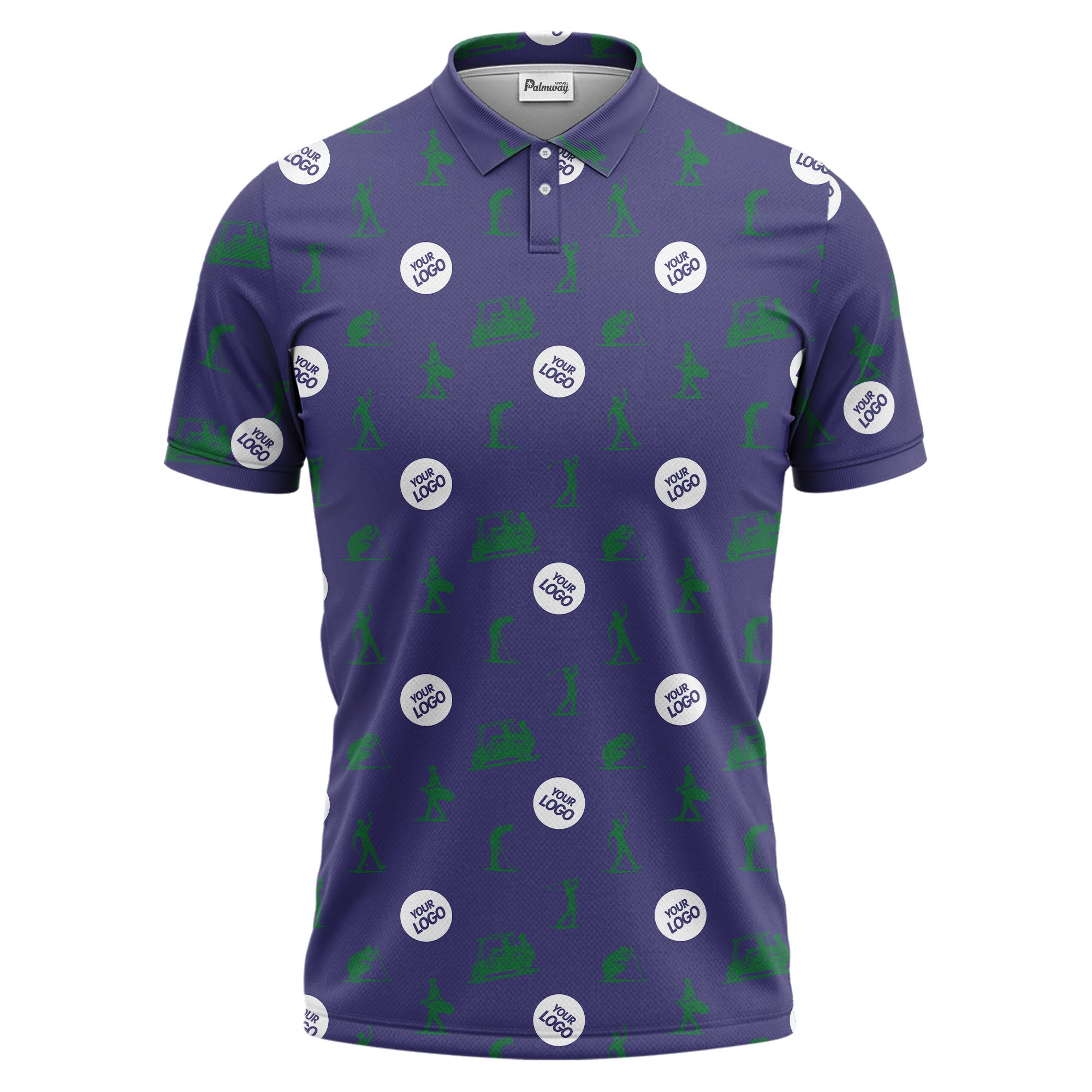 illustrated golfers golf carts repeating on green polo shirt for weekend fairway fun