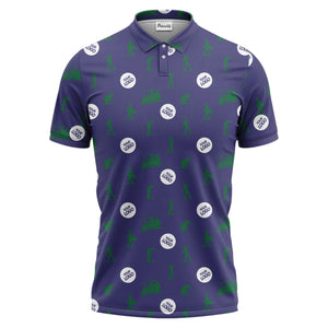 illustrated golfers golf carts repeating on green polo shirt for weekend fairway fun