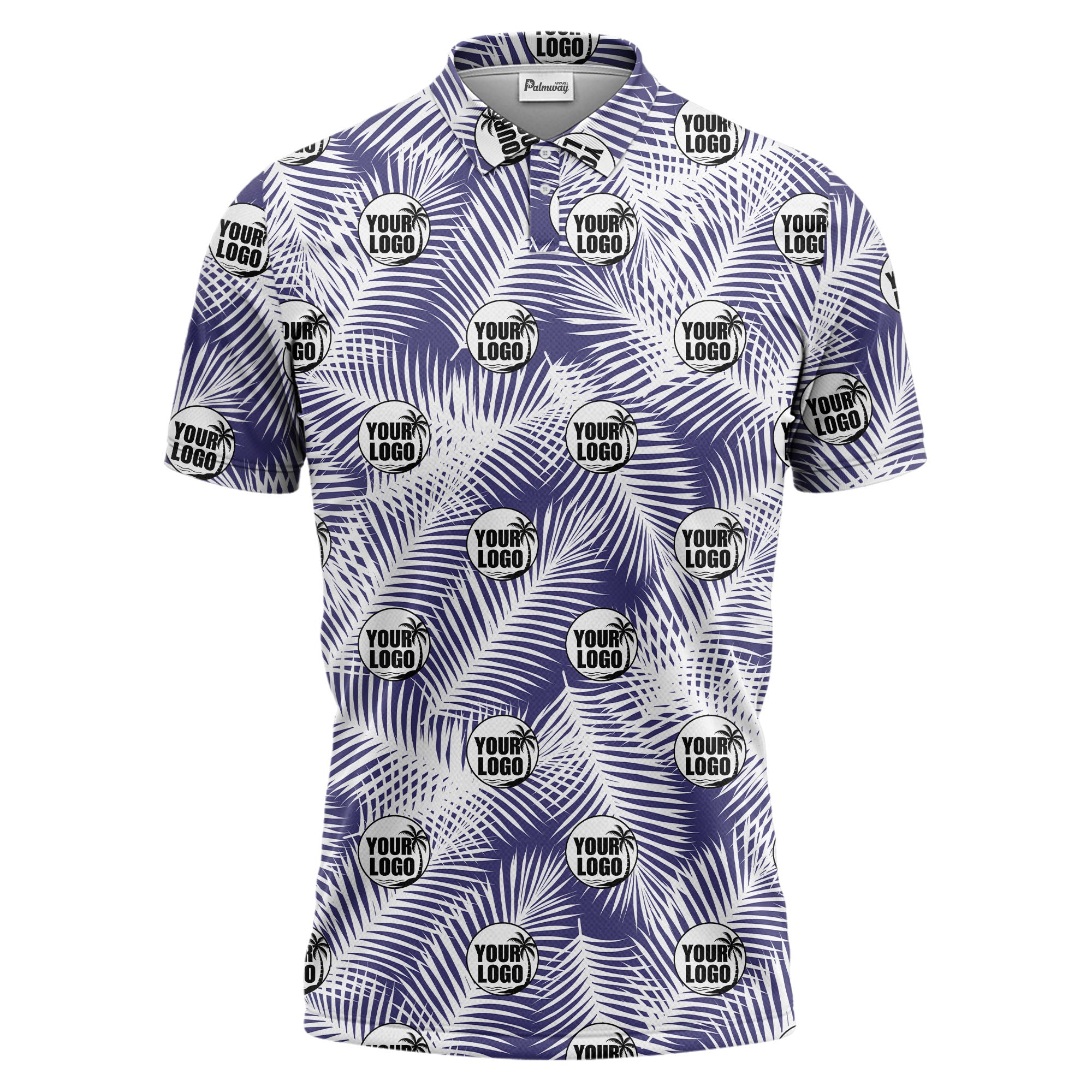 illustrated palm leaf logo repeating tropical polo shirt for men