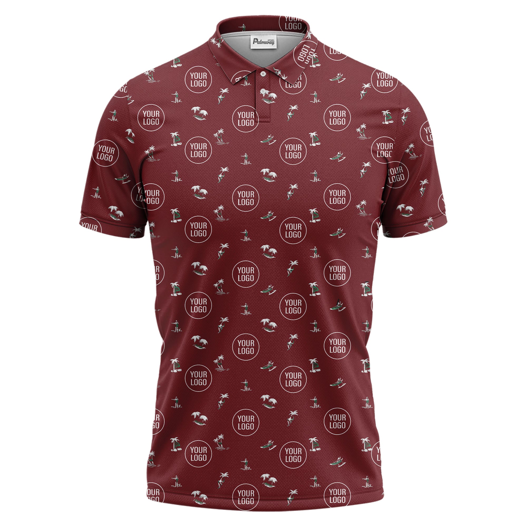 illustrated purple tropical island palm trees surfboards polo shirt for men