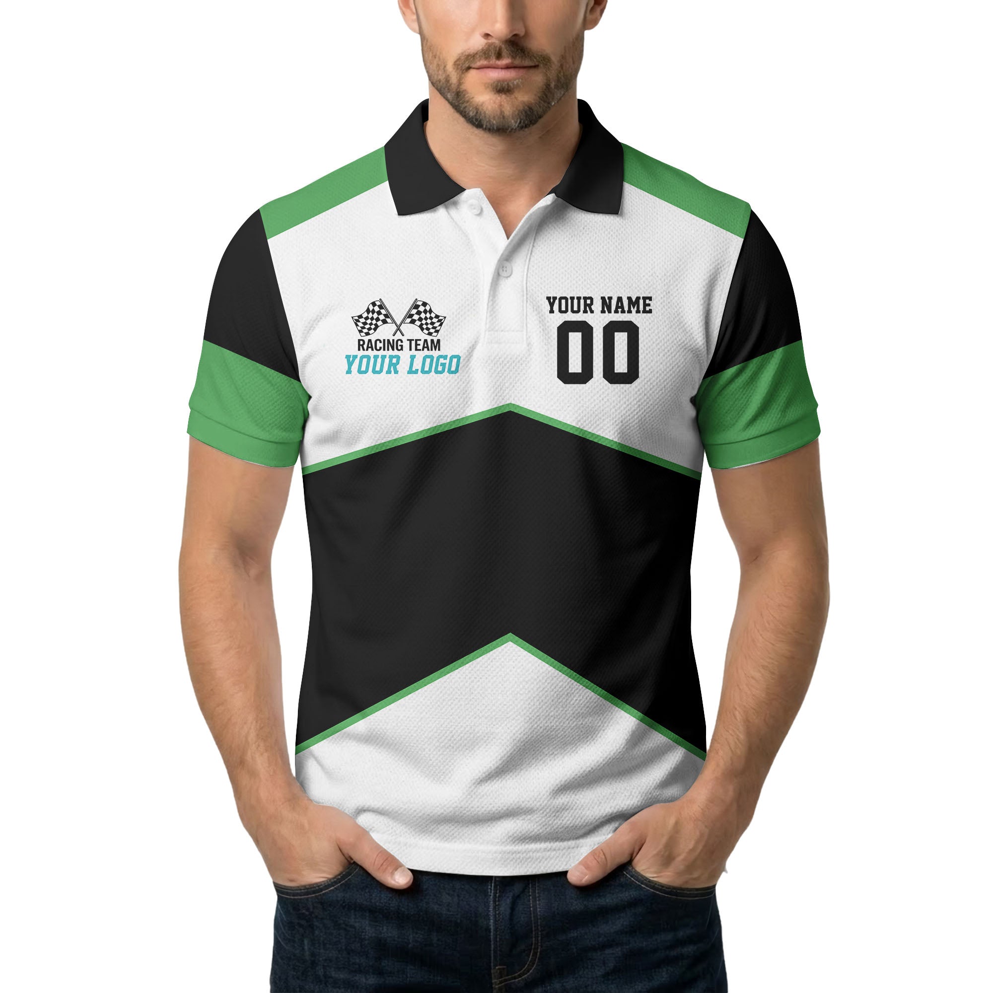 Illustrated Racing Flags Geometric Polo Shirt For Athletic Team Spirit