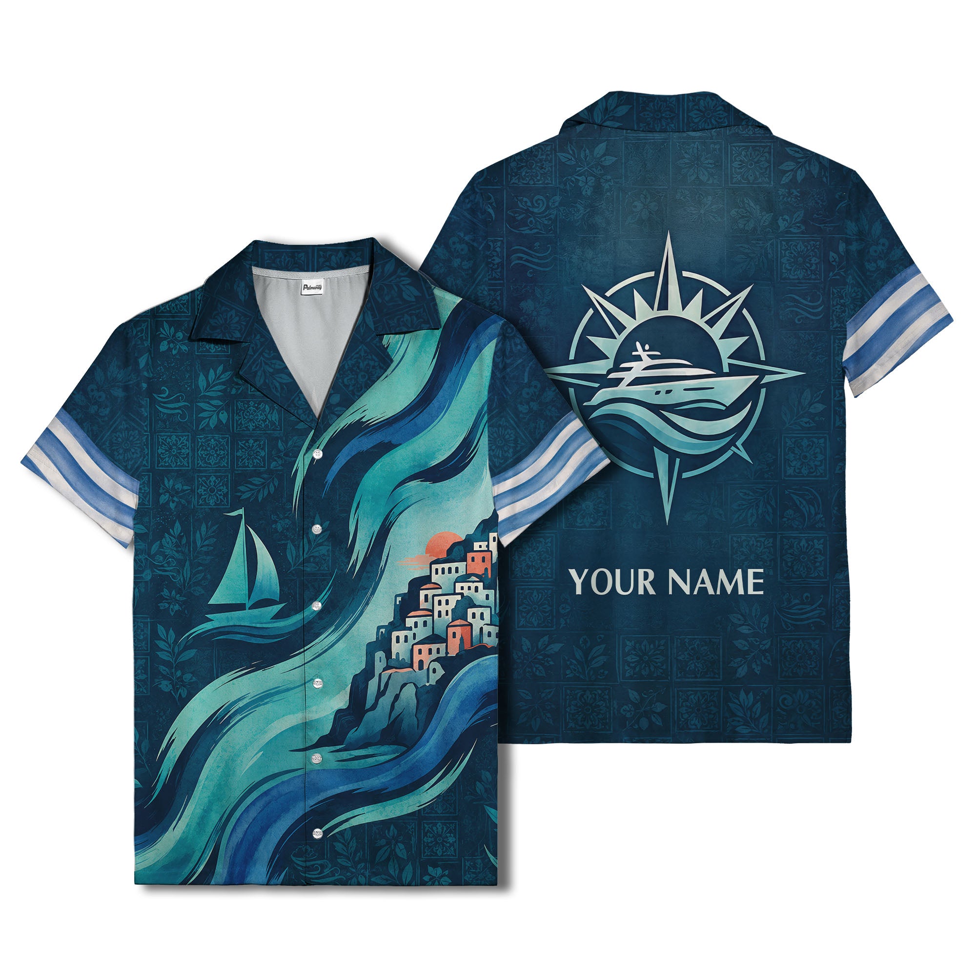 illustrated sailboat sunset & coastal village waves hawaiian shirt