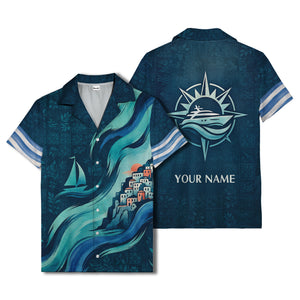 illustrated sailboat sunset & coastal village waves hawaiian shirt