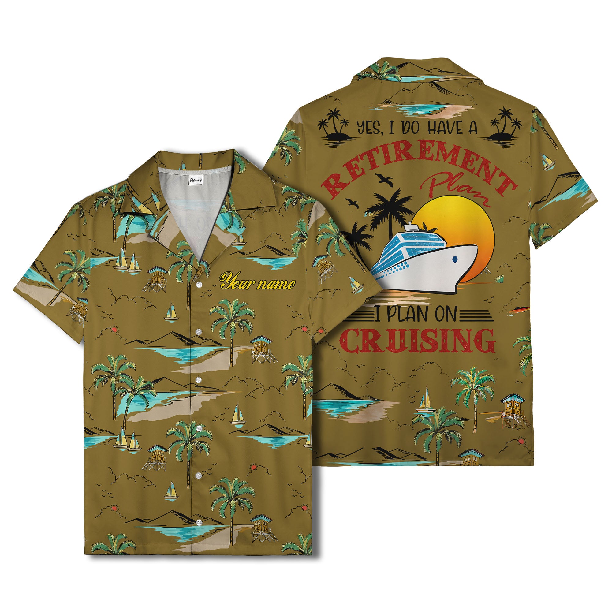 island paradise palm trees & sailboats sunset hawaiian shirt