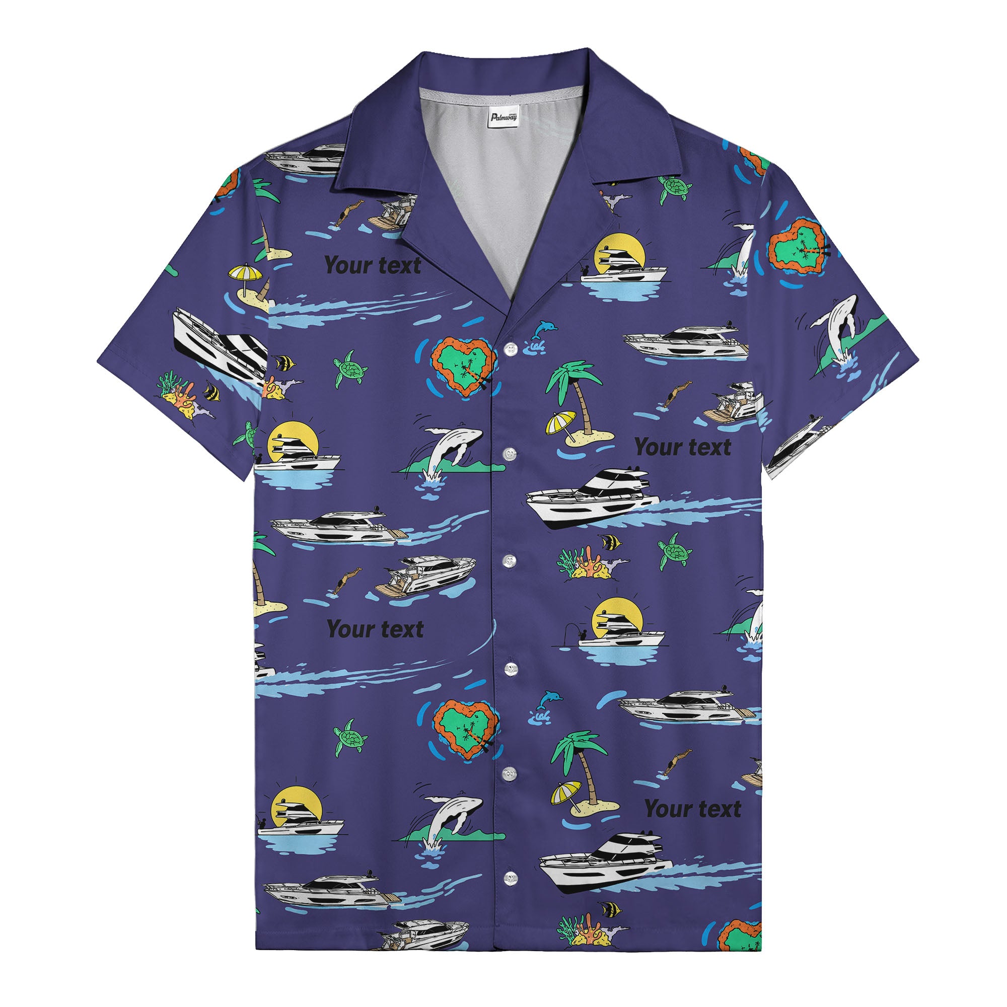 luxury yacht & heart-shaped island cartoon hawaiian shirt