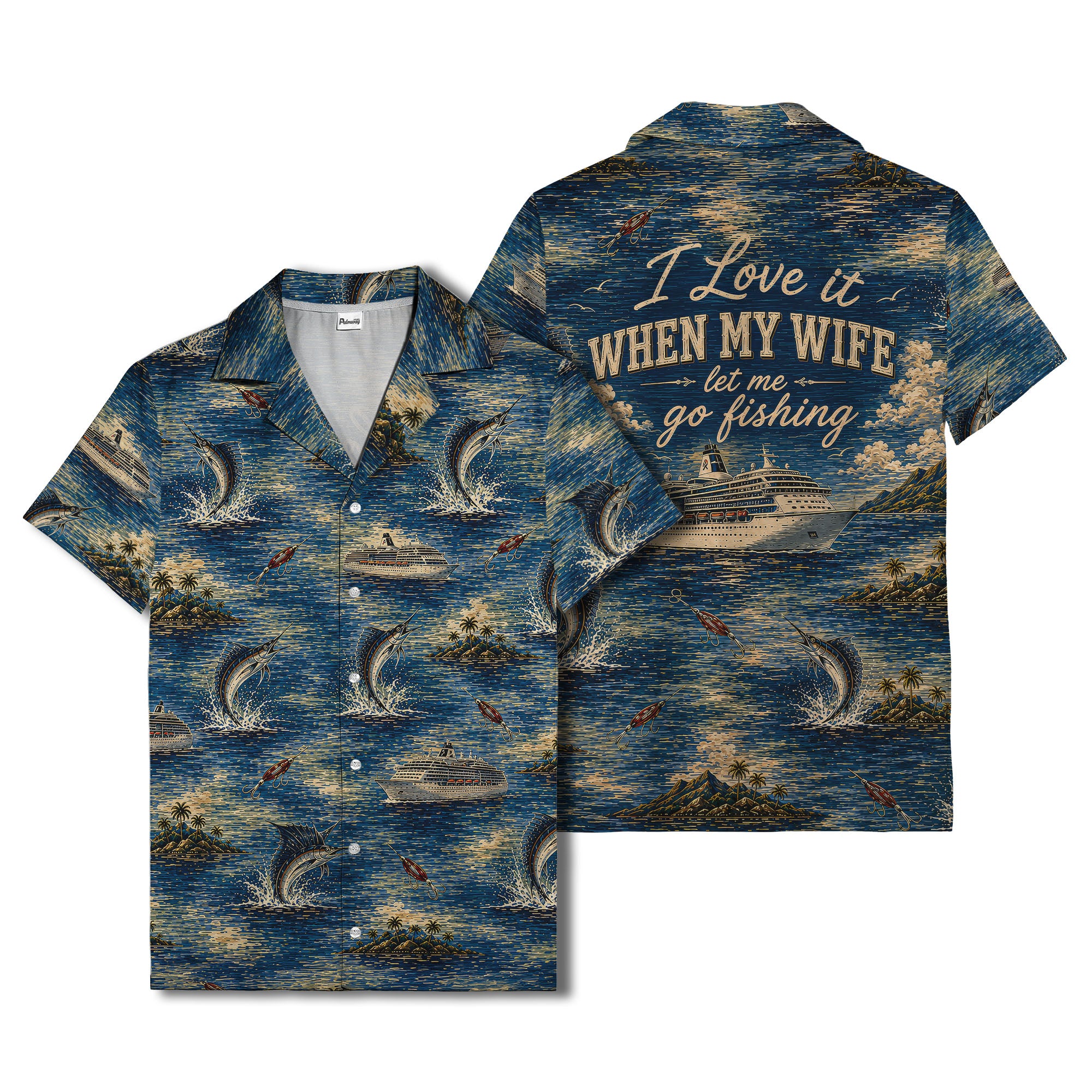 marlin fish & cruise ship ocean scene hawaiian shirt for men