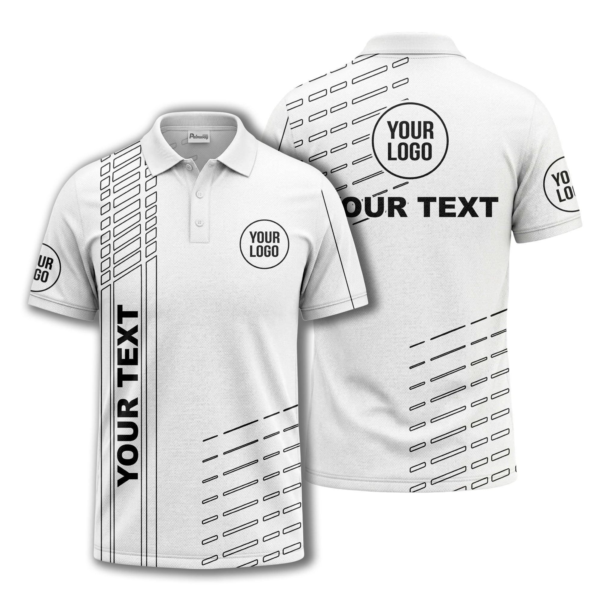 modern vertical stripe & dashed line graphic custom text logo polo shirt