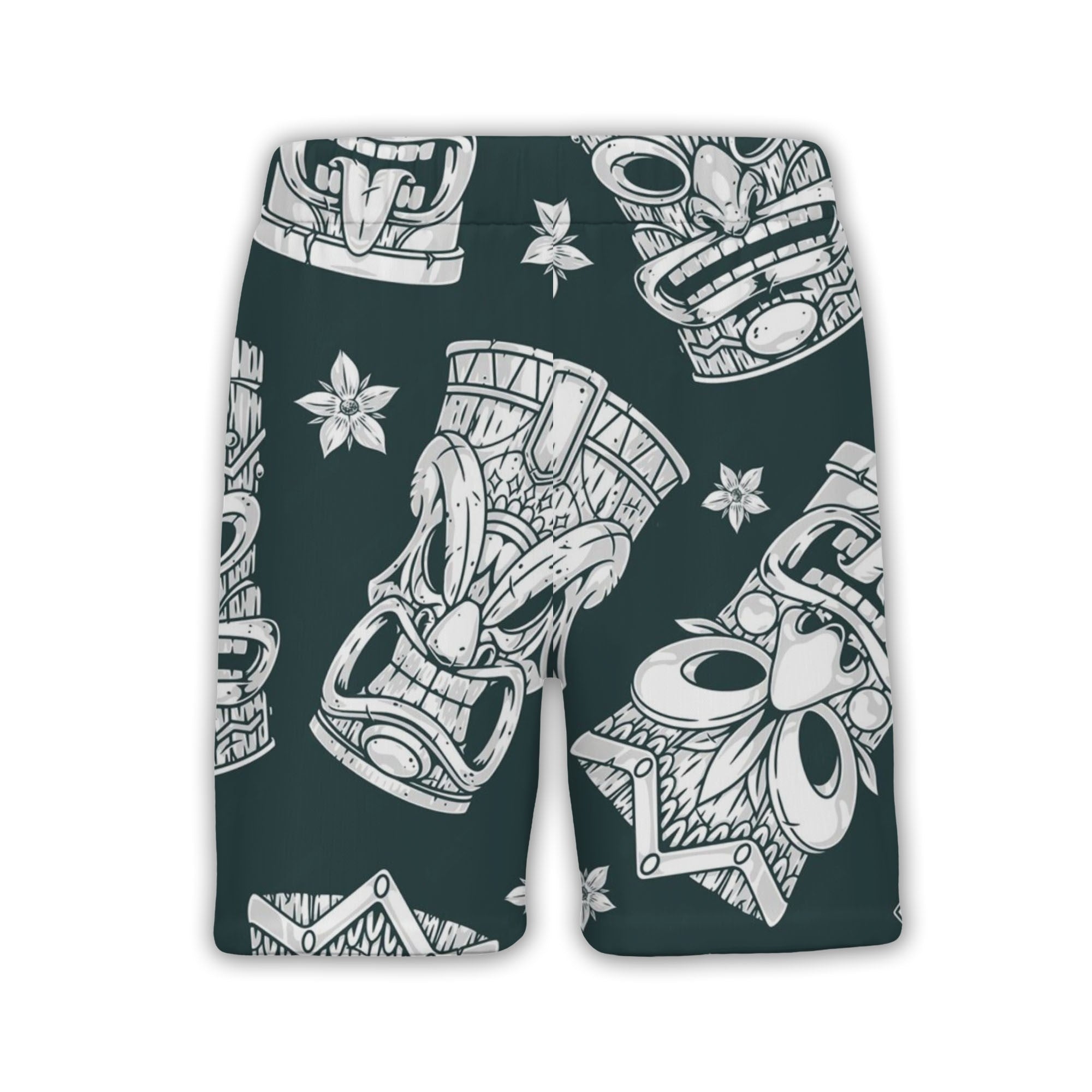 Monochrome Engraving Style Tiki Hawaiian Shirt on Dark Teal