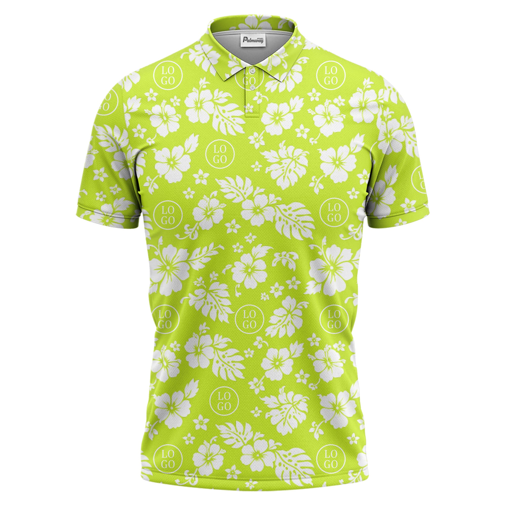 monochrome hawaiian hibiscus flowers & leaves repeat pattern polo shirt
