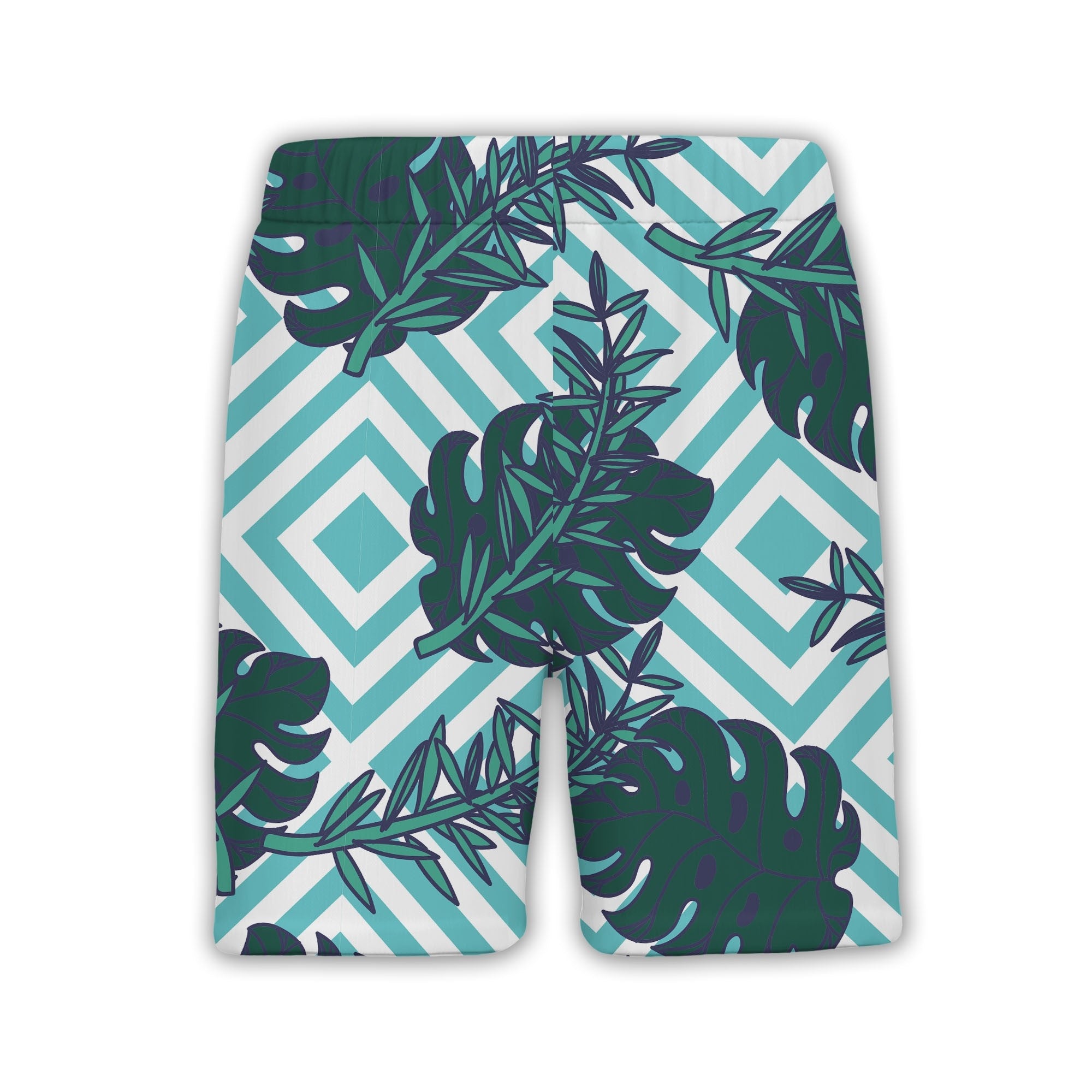 Monstera Leaf Hawaiian Shirt on Aqua White Diagonal Stripes