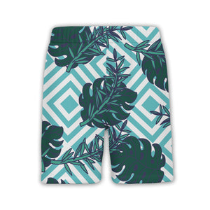 Monstera Leaf Hawaiian Shirt on Aqua White Diagonal Stripes