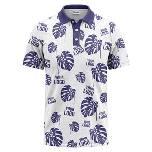 monstera leaves & custom logo repeat black white hawaiian polo shirt