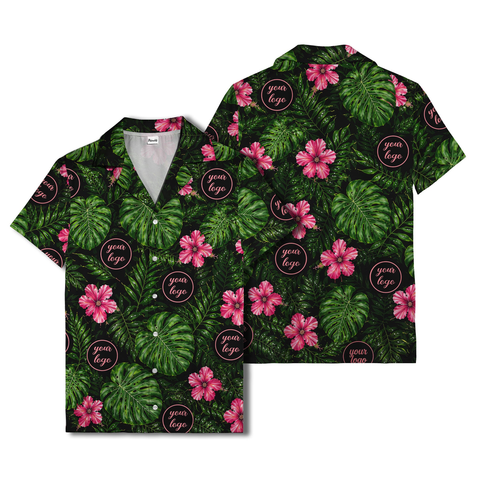 monstera leaves pink hibiscus watercolor hawaiian shirt for men