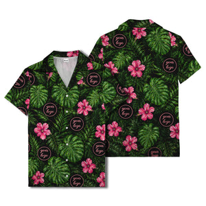 monstera leaves pink hibiscus watercolor hawaiian shirt for men
