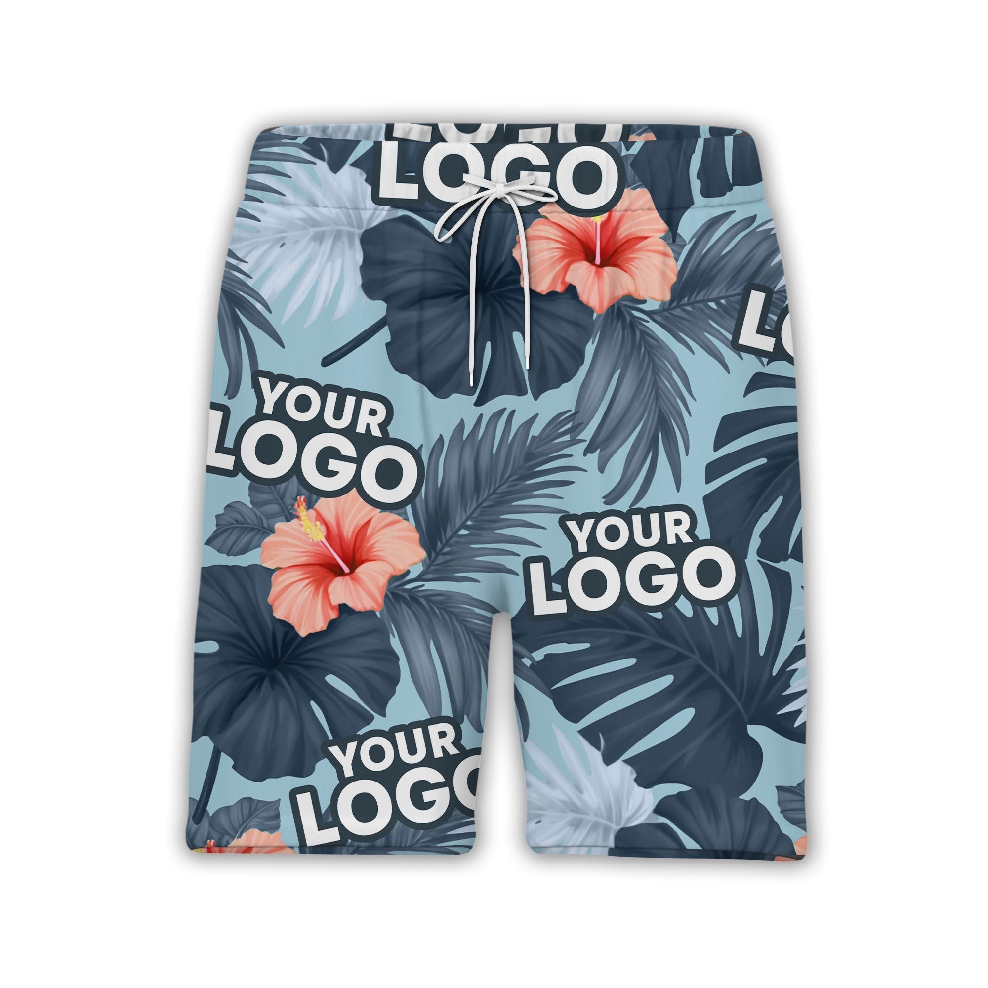 Navy Blue Corporate Hawaiian Shirt with Hibiscus and Custom Logo Space
