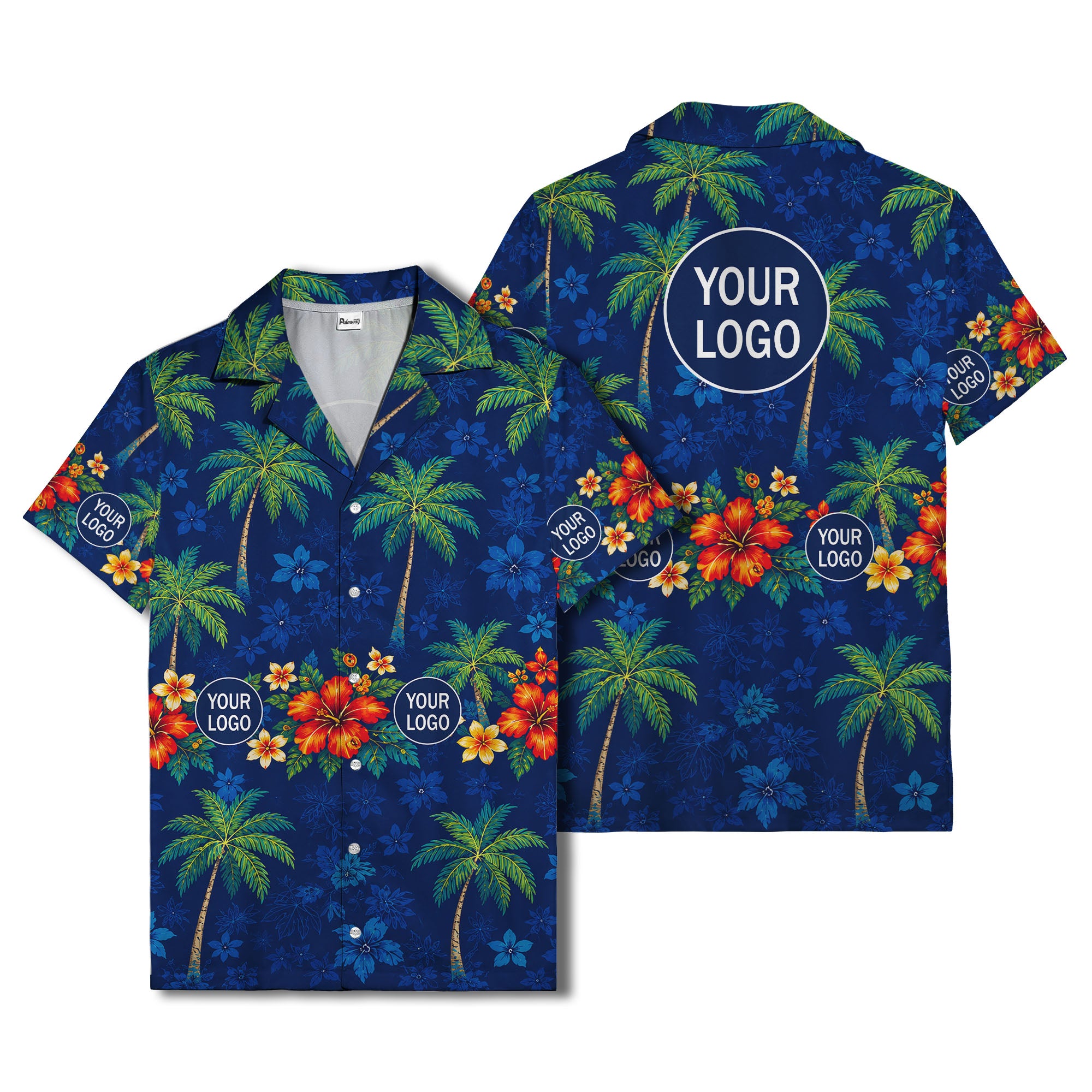 navy blue watercolor palm trees & hibiscus aloha hawaiian shirt