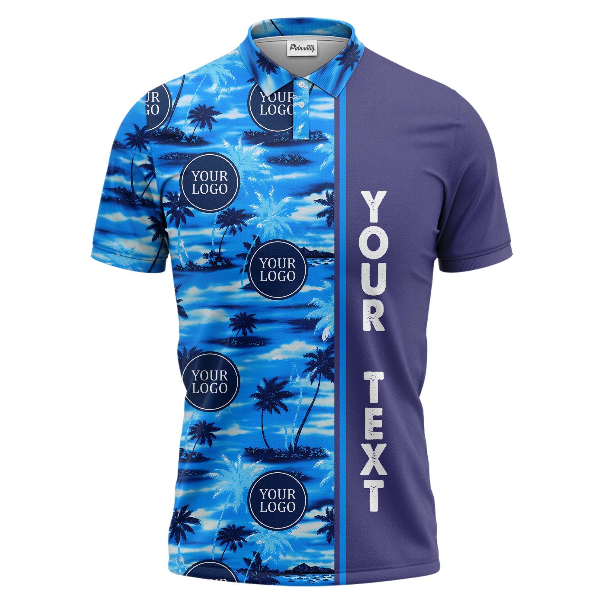 oceanic palm trees & circular logo repeat navy blue tropical beach polo shirt