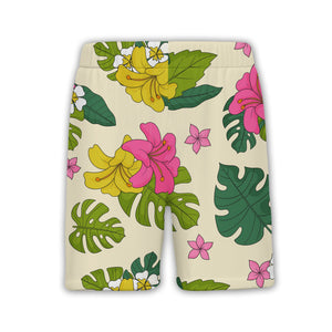 Pale Beige Hand-Drawn Monstera Hawaiian Shirt with Large Yellow Pink Flowers