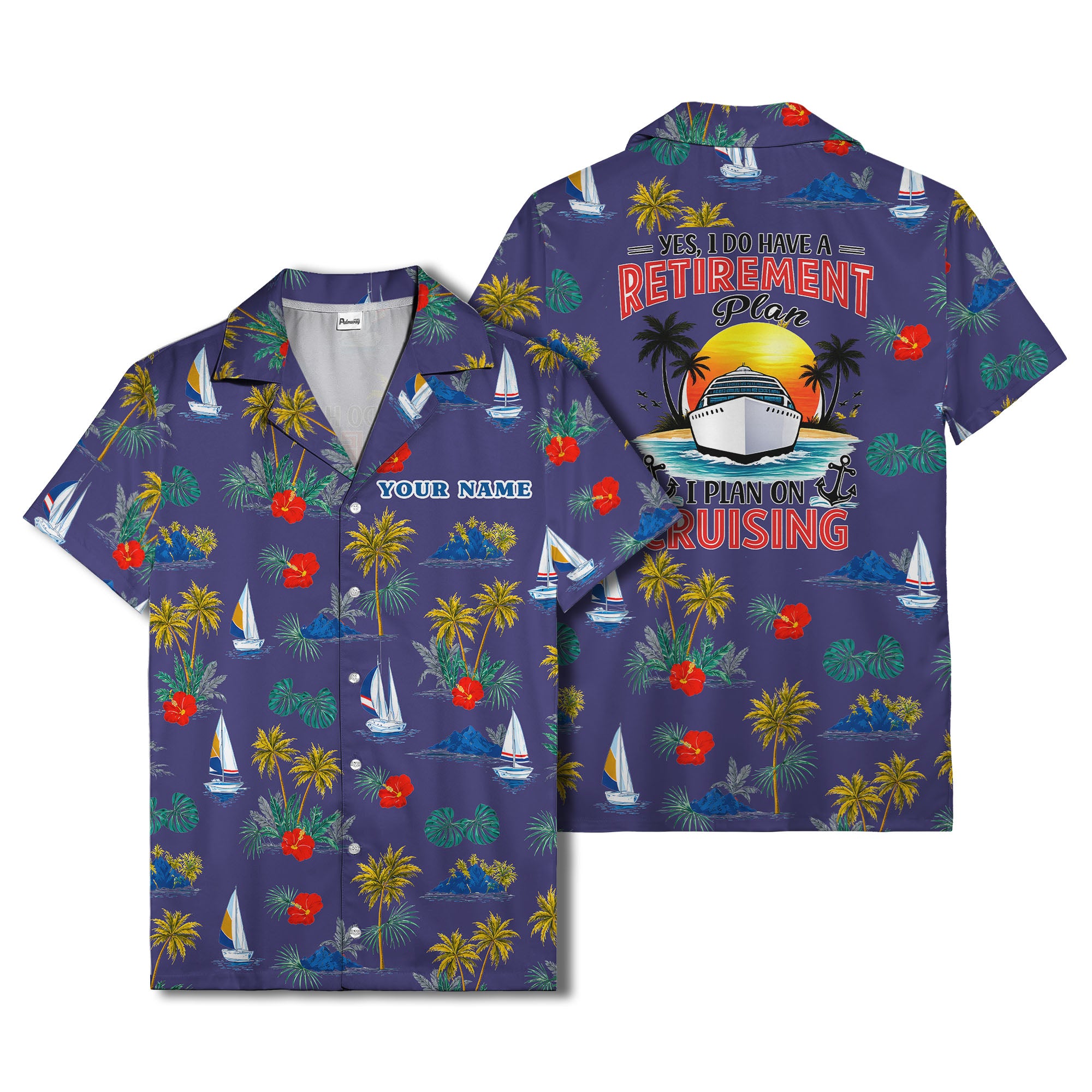 palm trees sailboats hibiscus island paradise hawaiian shirt