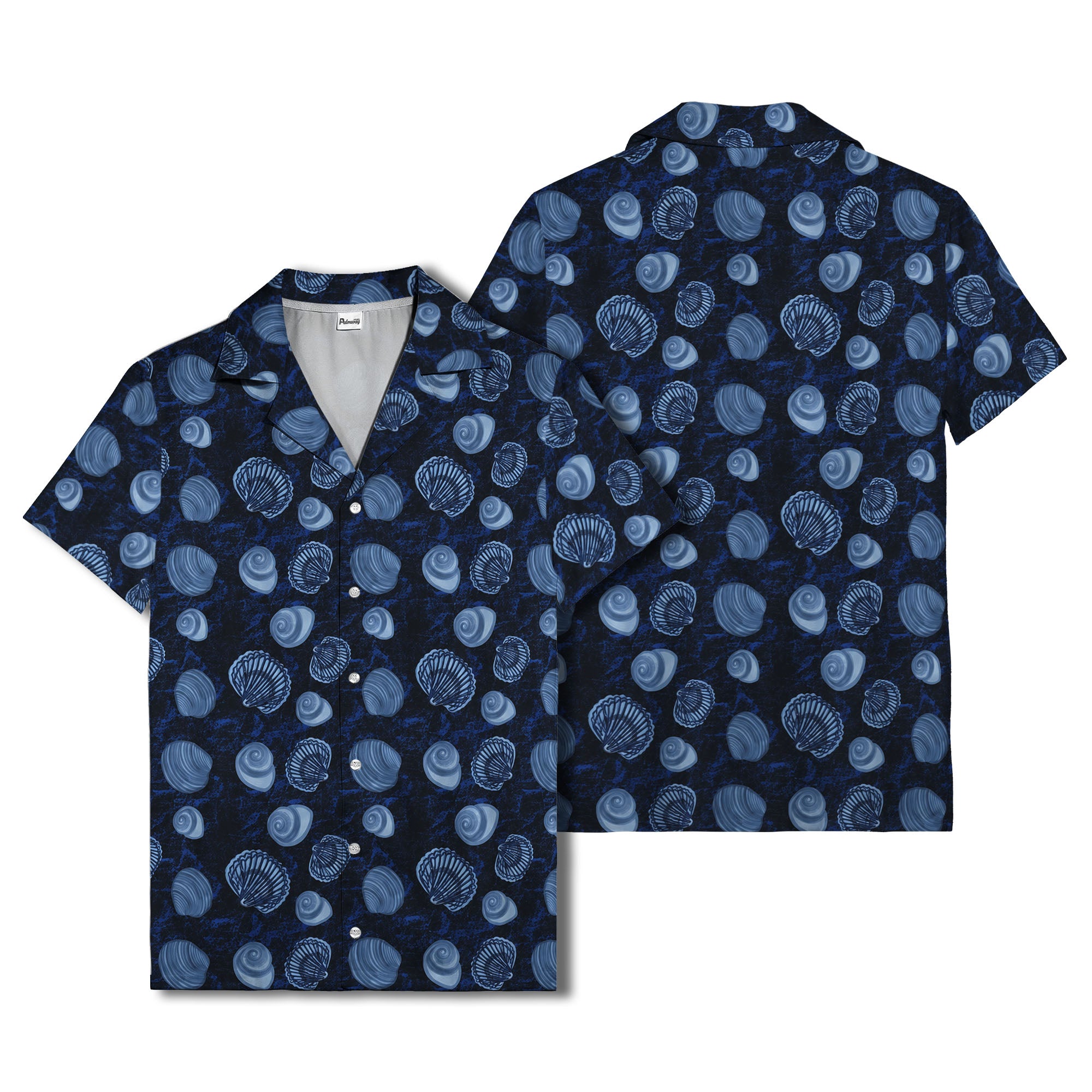realistic seashell & spiral shell repeat navy blue hawaiian shirt