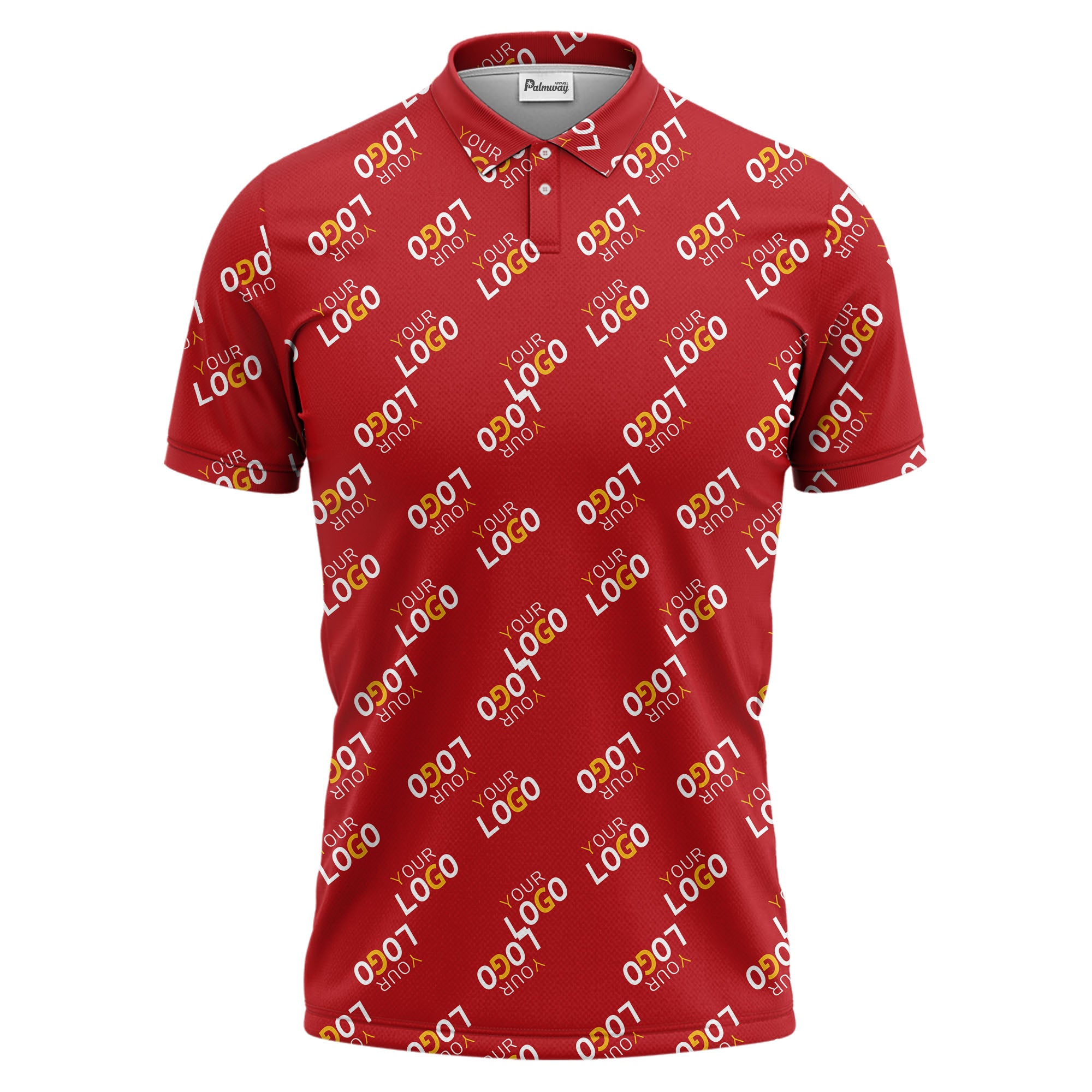 repeating gold logo hawaiian polo shirt with custom text overlay